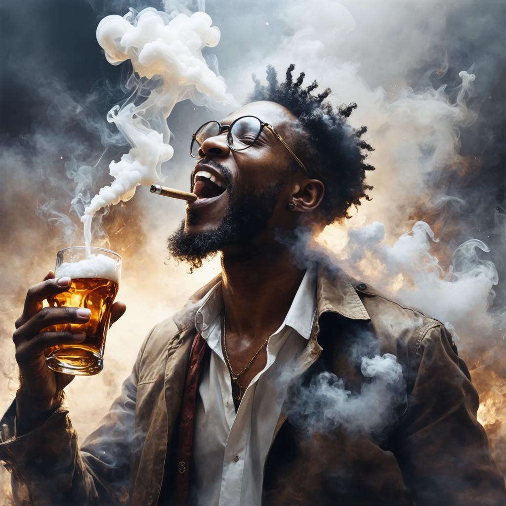 Experience the power of Stable Diffusion Ultra image generator with this captivating image: a joyful man savoring a beer and a cigar, enveloped in swirling smoke. The vivid details and dynamic composition showcase the tool's ability to create stunning, high-quality visuals from your prompts. Perfect for showcasing the capabilities of Stable Diffusion Ultra in generating engaging and realistic images.