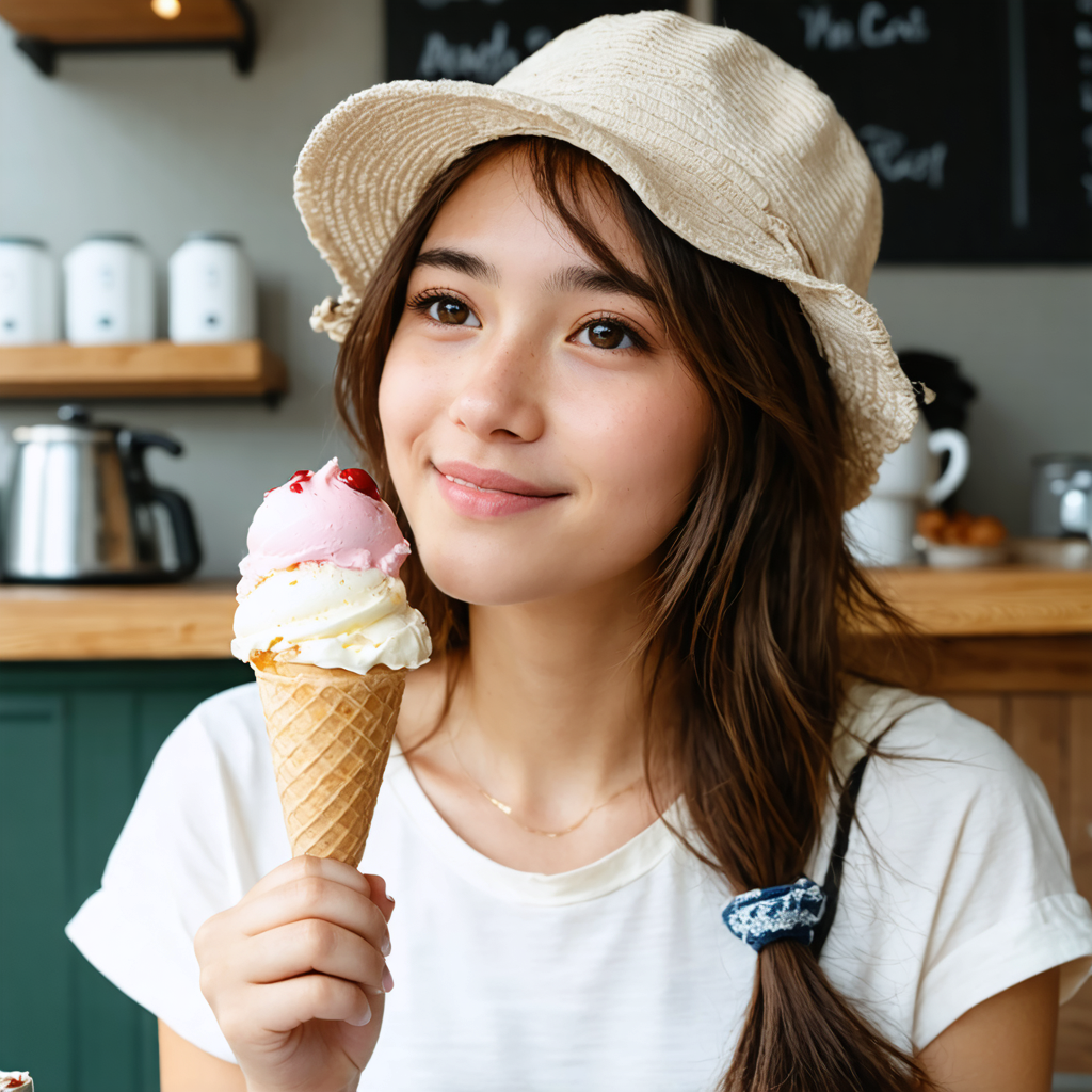 In the image, a young woman with a content smile is enjoying a classic ice cream cone in a cozy café setting. The ice cream features a generous scoop of vanilla with a layer of pink sorbet and a cherry on top. She's dressed casually in a white T-shirt and a straw hat, with a hint of a blue bandana peeking out from her hair. The background suggests a relaxed, homey atmosphere with a green wall and a menu board, hinting at the 'Stable Diffusion Ultra image generator''s ability to create realistic and inviting scenes for various prompts.