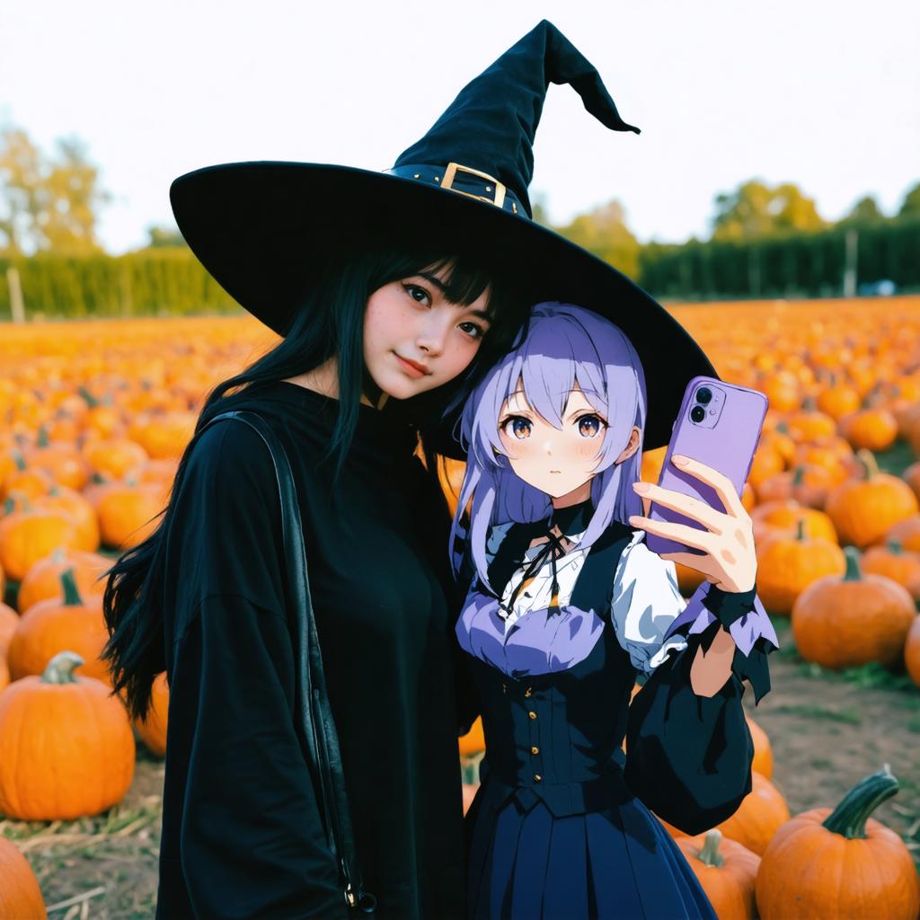 Dans l'image, une personne se tient à côté d'un personnage de dessin animé dans un champ de citrouilles, tenant un smartphone avec le logo de 'Stable Diffusion Ultra image generator', mettant en évidence la capacité de l'outil à créer des images réalistes avec une touche d'animation. Les couleurs vives et le caractère ludique de la scène sont parfaits pour les utilisateurs souhaitant générer du contenu médiatique engageant.