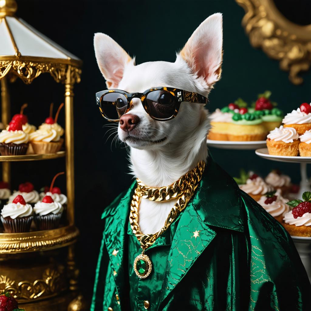 Behold a charming Chihuahua donning stylish sunglasses and a luxurious green velvet blazer, accessorized with a gold chain necklace, standing before an array of delectable cupcakes on a golden stand. This delightful scene was crafted with the Stable Diffusion Ultra image generator, showcasing its ability to create visually appealing and whimsical compositions.