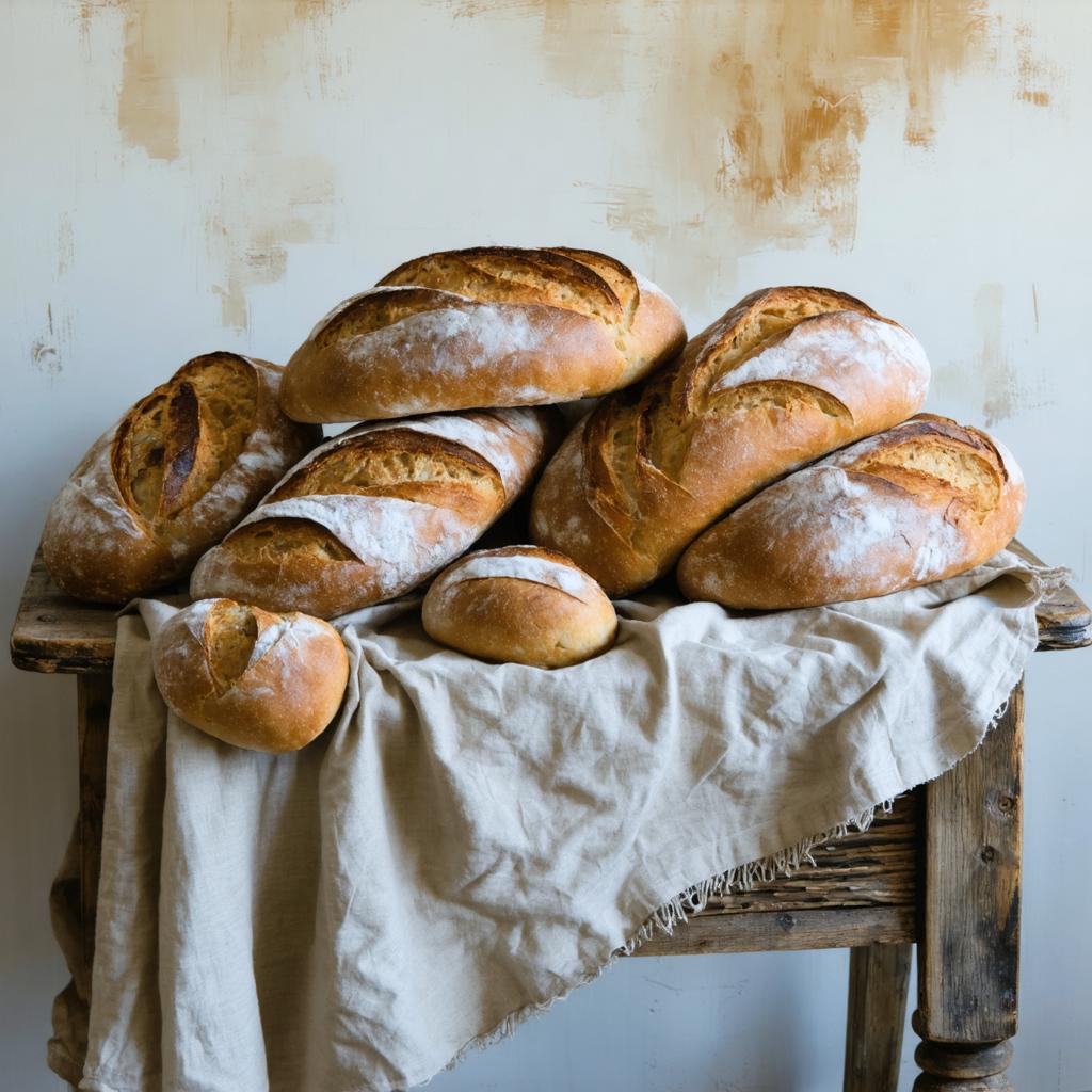 A rustic wooden table is adorned with an assortment of freshly baked breads, dusted with flour, on a linen cloth, set against a weathered wall, evoking a sense of homey comfort and artisanal craftsmanship. This image showcases the capabilities of 'Stable Diffusion Ultra image generator' to create realistic and visually appealing content, perfect for SEO-optimized descriptions that highlight the tool's prowess in generating high-quality, engaging visuals.