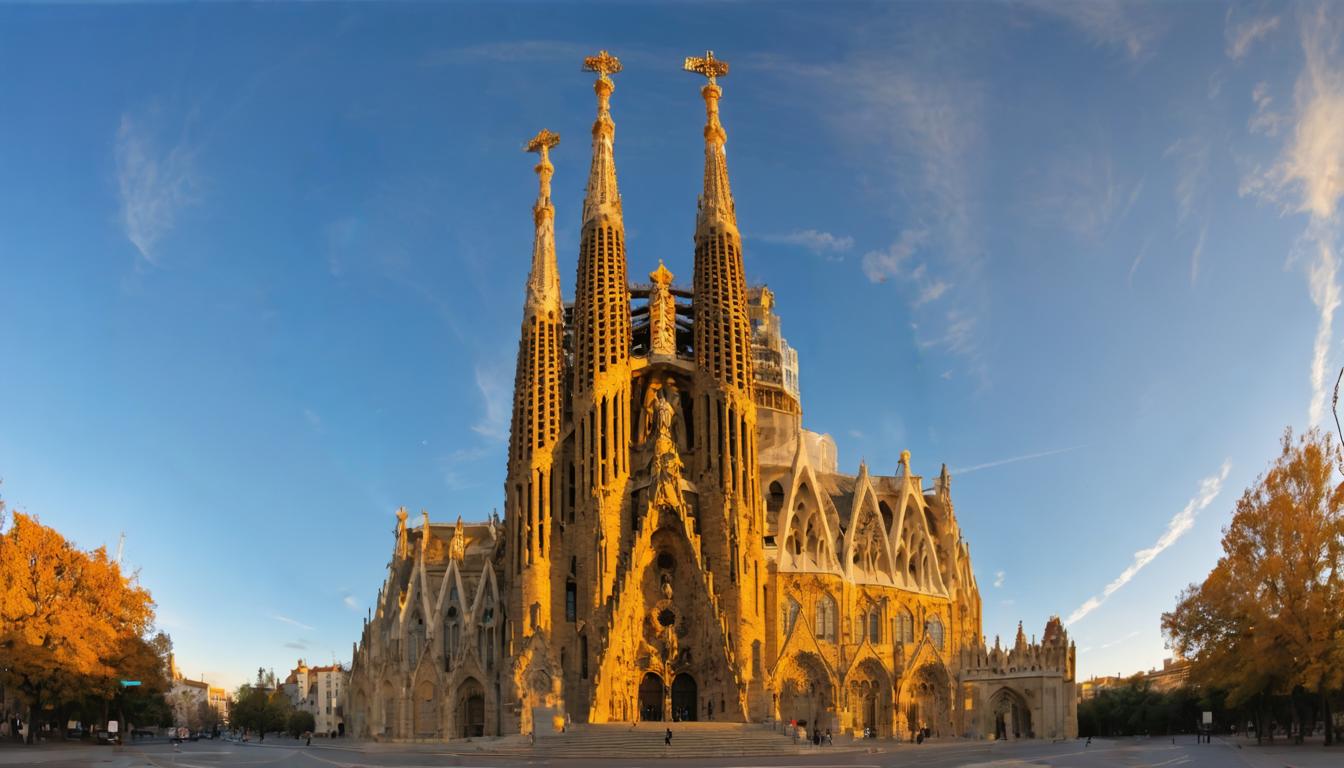 Questa immagine mette in evidenza la mozzafiato Sagrada Familia a Barcellona, con la sua intricata architettura gotica e art nouveau, caratterizzata da torri imponenti e facciate riccamente ornate bagnate dalla calda luce del tramonto. Lo strumento 'Cancella' è stato utilizzato per rimuovere eventuali elementi distrattivi, concentrandosi sull'imponente cattedrale e mettendo in risalto la sua grandiosità architettonica e l'applicazione abile dello strumento 'Cancella' per migliorare l'impatto visivo.