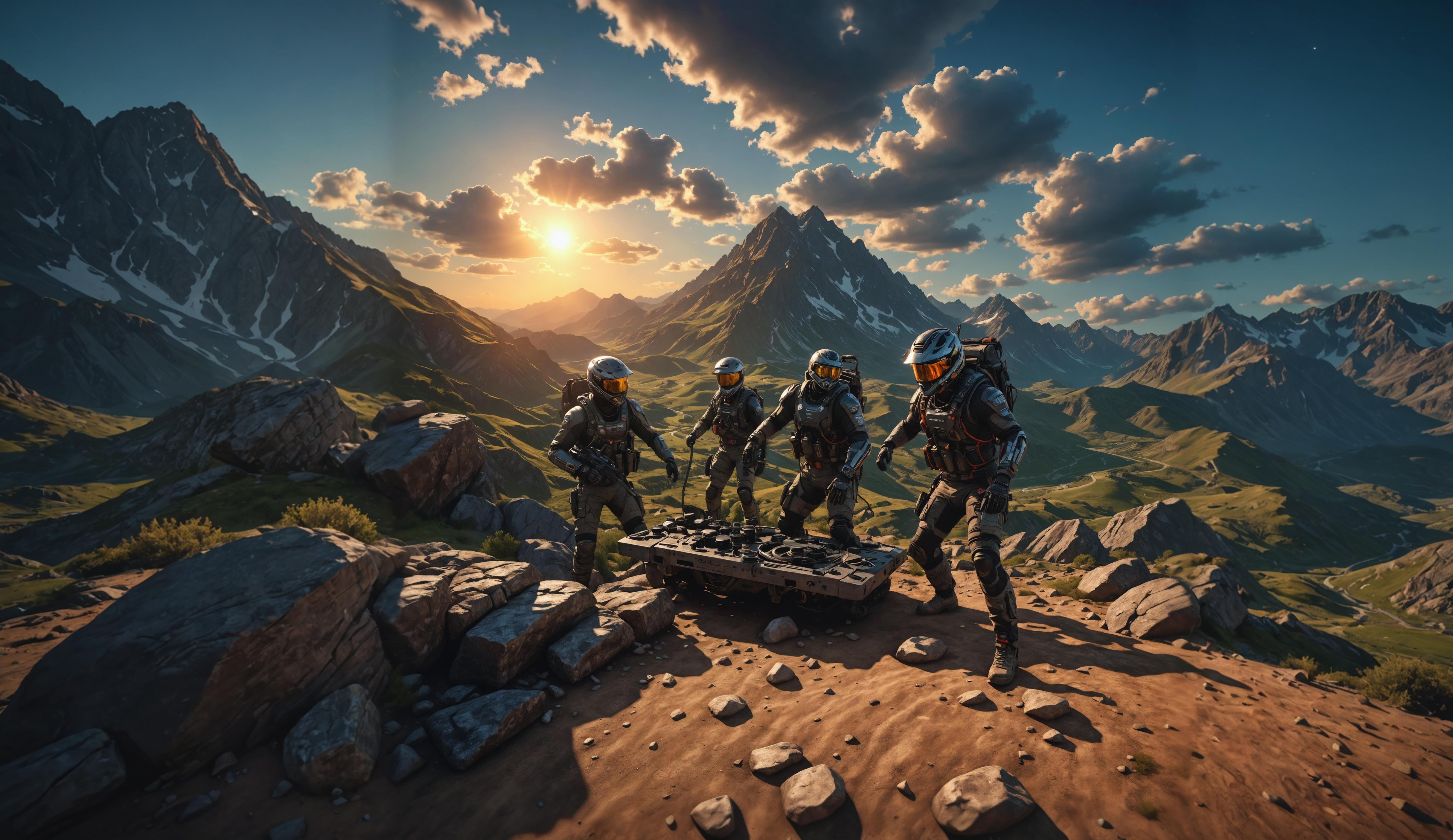 In this dynamic image, a group of futuristic explorers in full gear stands on a rocky peak, their visors reflecting the setting sun, with a panoramic view of majestic mountains stretching into the distance. The 'Zoom out' feature of Stable Assistant enhances the scene, seamlessly integrating the explorers into the natural landscape, showcasing the tool's ability to generate and edit images with a sense of continuity and depth.