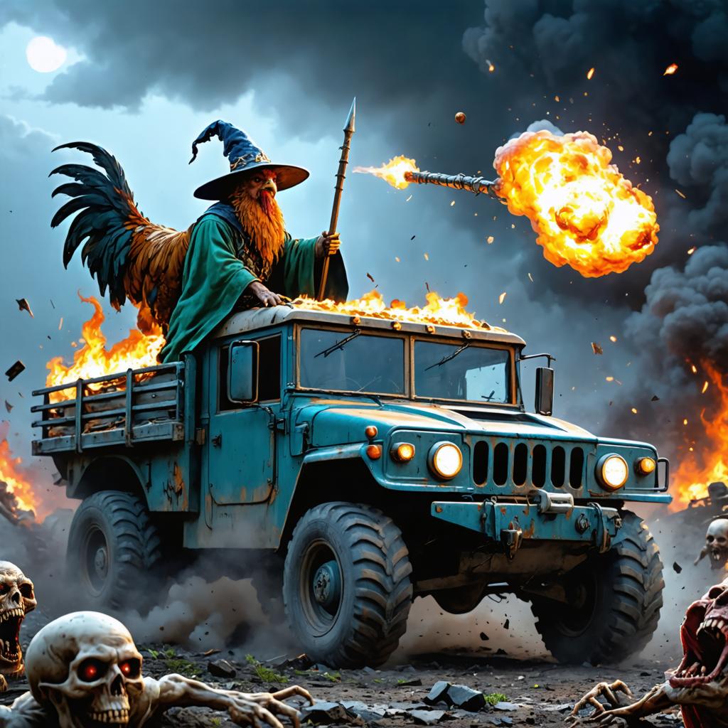 Questa immagine dinamica presenta un mago che cavalca su un camion ruggente, scagliando una potente maledizione di fuoco con il suo bastone, su uno sfondo fumoso popolato da creature non morte. Il 'Generatore di immagini Stable Diffusion Ultra' ha reso questa scena fantastica, combinando elementi di fantasia e temi post-apocalittici per creare una composizione visivamente impressionante e immaginativa.