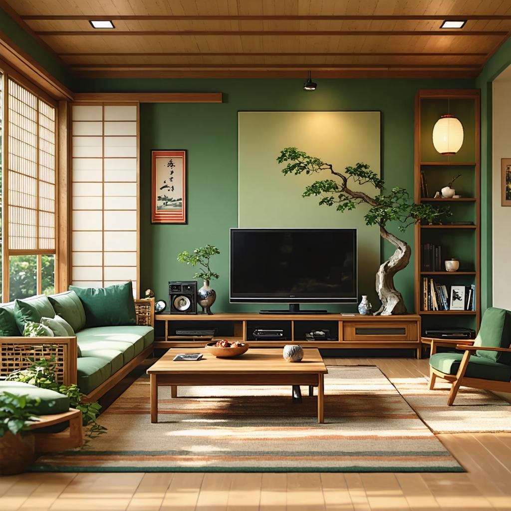 Questa è una scena accogliente di un salotto con un tocco moderno, che presenta un'armoniosa fusione di elementi tradizionali e contemporanei. La stanza è arredata con mobili in legno, accenti verdi e un muro verde rilassante, creando un'atmosfera tranquilla e invitante. Lo spazio è ben illuminato, mettendo in evidenza i toni caldi della stanza e invitandovi a sperimentare il comfort di una casa progettata con il generatore di immagini Stable Diffusion Ultra, noto per la sua capacità di generare immagini di alta qualità e realiste, con un focus su colore, tessitura e composizione.