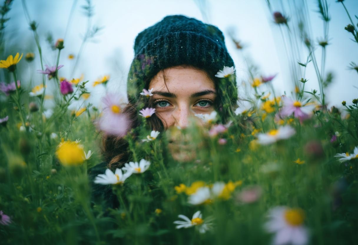 Cette image met en scène une jeune femme qui jette un regard furtif à travers un champ luxuriant de fleurs sauvages, ses yeux fixant intensément le spectateur. Elle est vêtue d'un bonnet en laine confortable, et son visage est partiellement caché par les pétales et les feuilles douces de la flore environnante. La scène est baignée d'une lumière naturelle et éthérée, créant une atmosphère sereine et onirique. Cette image captivante a été créée grâce aux capacités avancées du générateur d'images 'Stable Diffusion Ultra', qui permet aux utilisateurs de créer des contenus visuels hyper-réalistes et immersifs.