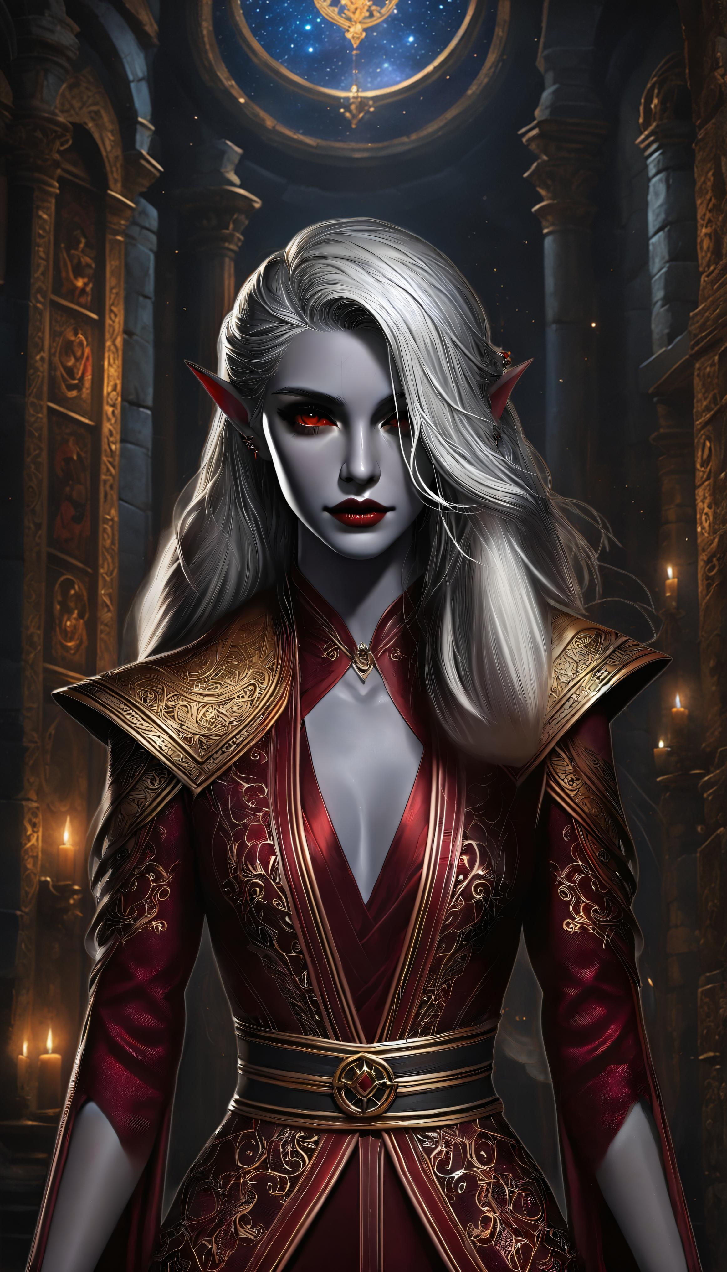 Sperimenta il potere di 'Sostituisci Sfondo' su Stable Assistant! Questa immagine generata da AI presenta un personaggio fantasy con capelli argentei-bianchi e occhi rossi, elegantemente vestito con un abito riccamente dettagliato rosso e oro, ambientato su uno sfondo mistico trasformato con un semplice clic.