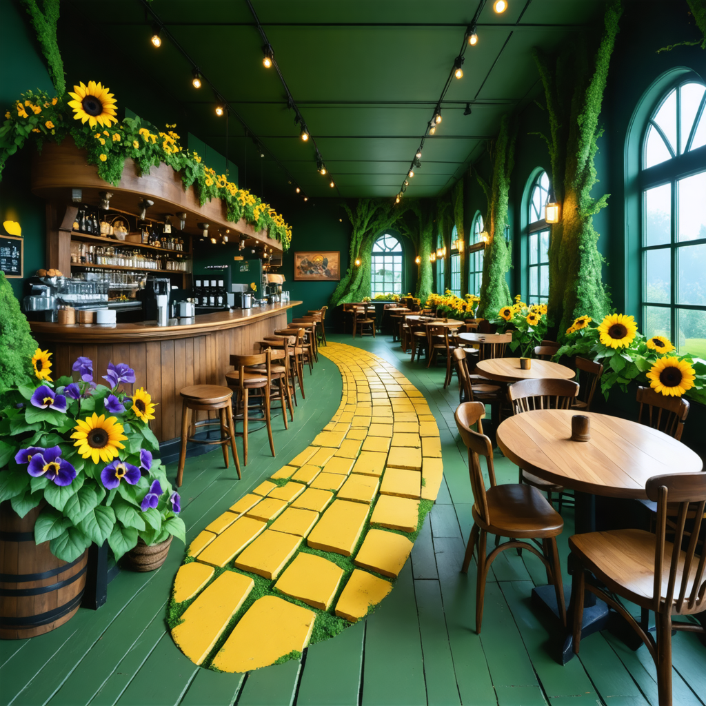 Discover the enchanting charm of this vibrant café, where the Stable Diffusion Ultra image generator brings a whimsical touch to your digital canvas. This captivating scene features a lush, sunlit interior with a winding yellow path, wooden furniture, and abundant sunflowers, all meticulously crafted to evoke a serene and inviting atmosphere. Perfect for showcasing the tool's prowess in creating detailed, immersive environments.