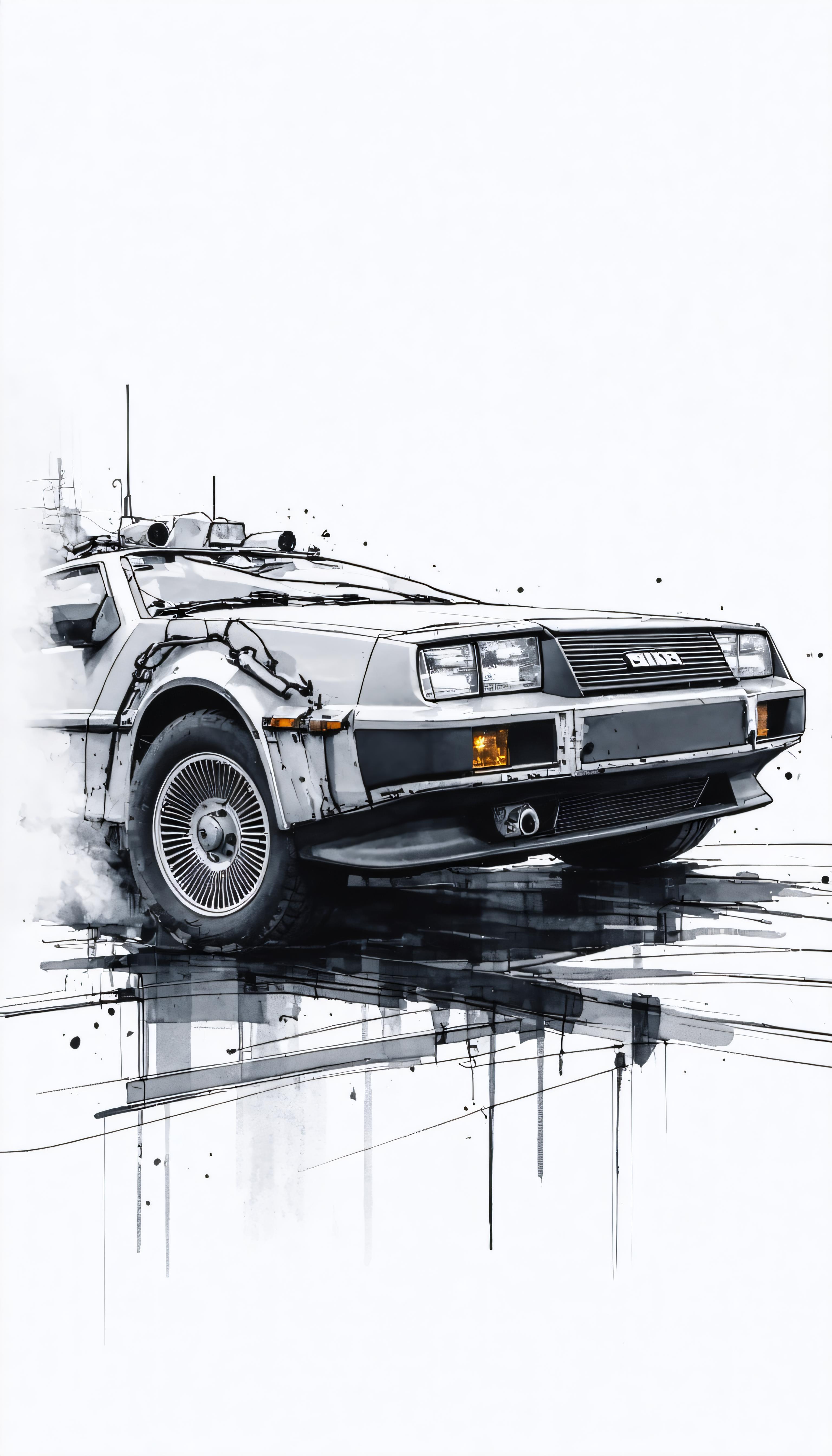 This image showcases a striking depiction of a classic DeLorean time machine, rendered with dynamic brush strokes and a monochromatic palette, emphasizing the vehicle's iconic design. The artwork has been upscaled to showcase fine details, highlighting the capabilities of the 'Upscale' tool that enhances images while preserving their original essence. Keywords: DeLorean, time machine, monochrome, upscale, Stable Assistant, digital art.