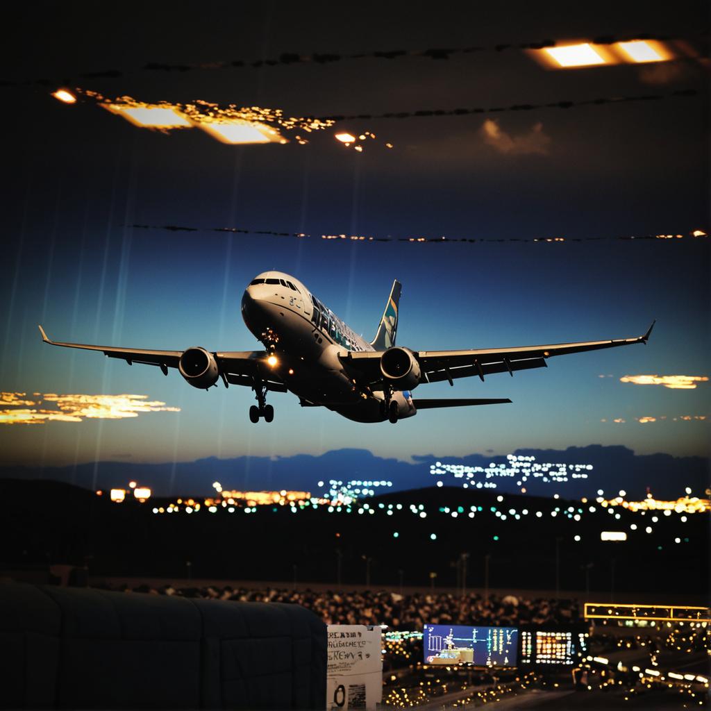 The image showcases a captivating scene of an airplane ascending into the evening sky, with the vibrant city lights twinkling below. The aircraft, caught mid-flight, is a testament to the 'Stable Diffusion Ultra image generator,' which is capable of producing stunning visuals with lifelike detail and a dynamic range of colors. The generator's ability to create realistic nighttime cityscapes and aircraft, along with its advanced image diffusion technology, is highlighted in this captivating depiction.