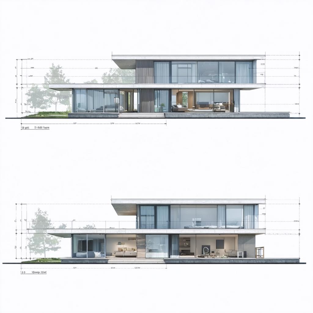 This image showcases a modern two-story house, featuring large glass windows, clean lines, and an open floor plan. The top-down and side views highlight the architectural details and interior design, making it an ideal example of the 'Stable Diffusion Ultra image generator's' ability to create detailed and photorealistic architectural renderings. The image's high-quality rendering and attention to detail are perfect for architects, designers, and anyone looking to visualize their projects in a realistic and visually appealing way.
