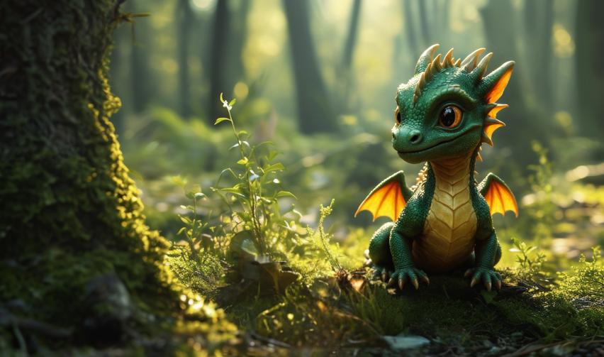 In a verdant forest glade, a charming green dragon with golden spikes and vibrant orange wings sits thoughtfully, its gaze fixed on the viewer. This image showcases the vivid creativity of 'Search and Replace,' a powerful AI media tool that allows users to seamlessly incorporate their own elements into existing scenes, demonstrating its ability to breathe life into digital landscapes with striking realism.