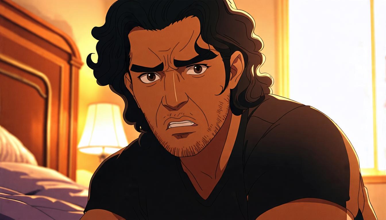 This is a captivating animated image of a man with dark hair and a beard, wearing a black shirt, displaying an intense and focused expression. The warm, soft lighting in the background suggests a cozy, indoor setting, perhaps a bedroom, with a bed and a lamp visible. The image was created using the 'Stable Diffusion Ultra image generator,' a powerful tool capable of generating high-quality, detailed, and realistic animations that are perfect for various applications, from gaming to film production.