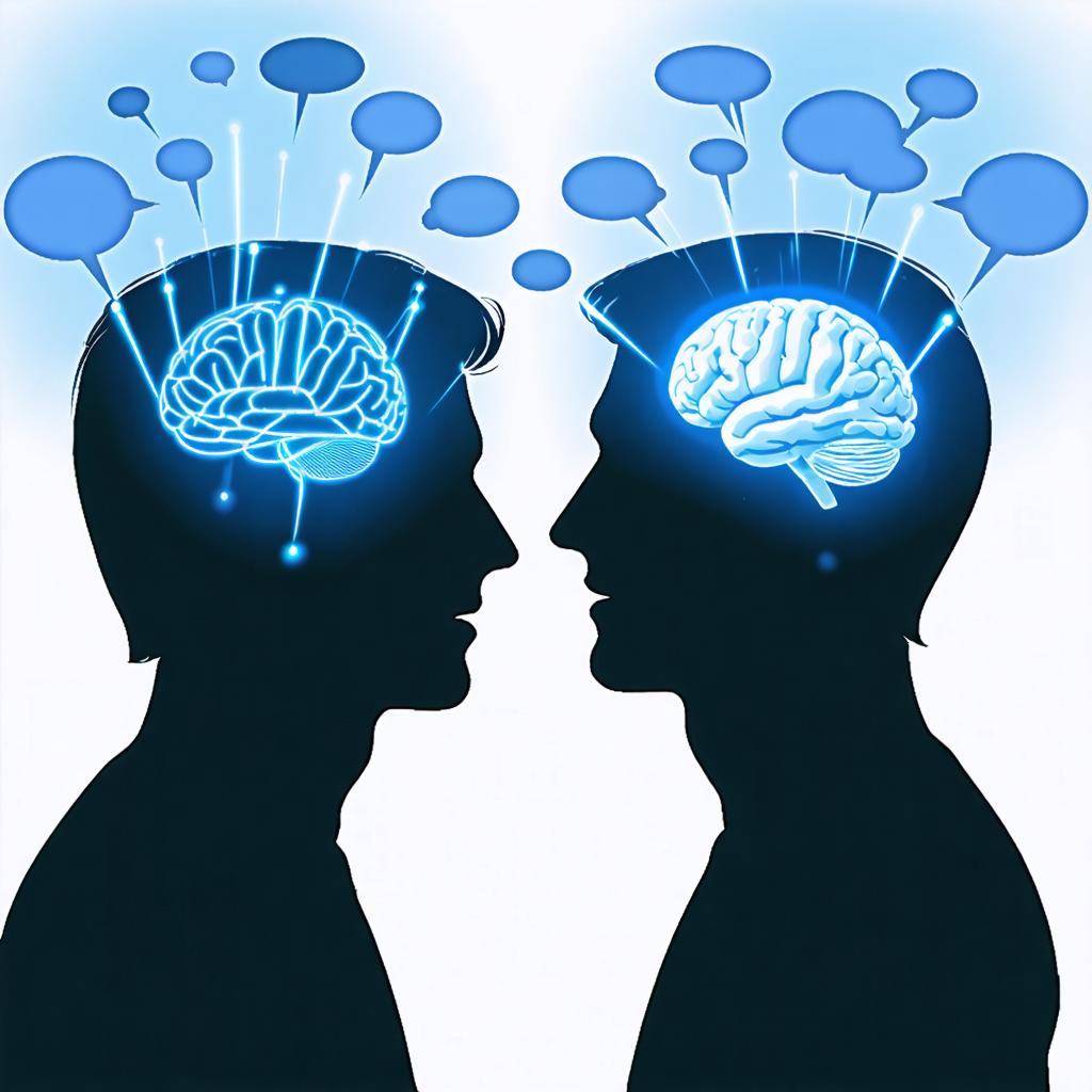 This captivating image showcases two silhouetted figures facing each other, with glowing, illuminated brains inside their heads, symbolizing communication and thought exchange. Created using Stable Diffusion Ultra image generator, this powerful tool effortlessly brings complex concepts to life, demonstrating its ability to generate detailed and imaginative visuals with ease.