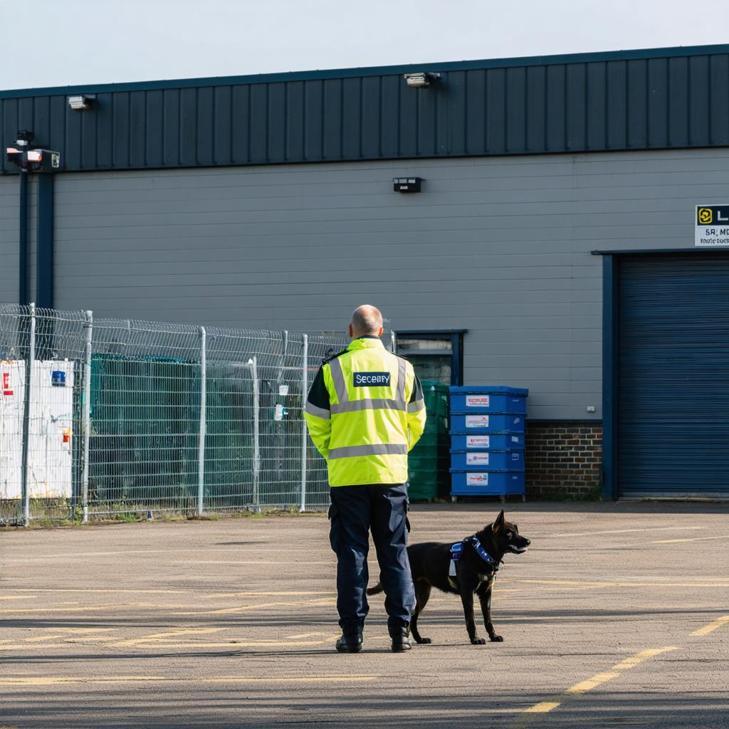 A security officer in a high-visibility jacket stands with a trained dog in an industrial setting, showcasing the detailed and realistic capabilities of the Stable Diffusion Ultra image generator. The image highlights the tool's ability to create lifelike and contextually accurate scenes, perfect for security and law enforcement applications.