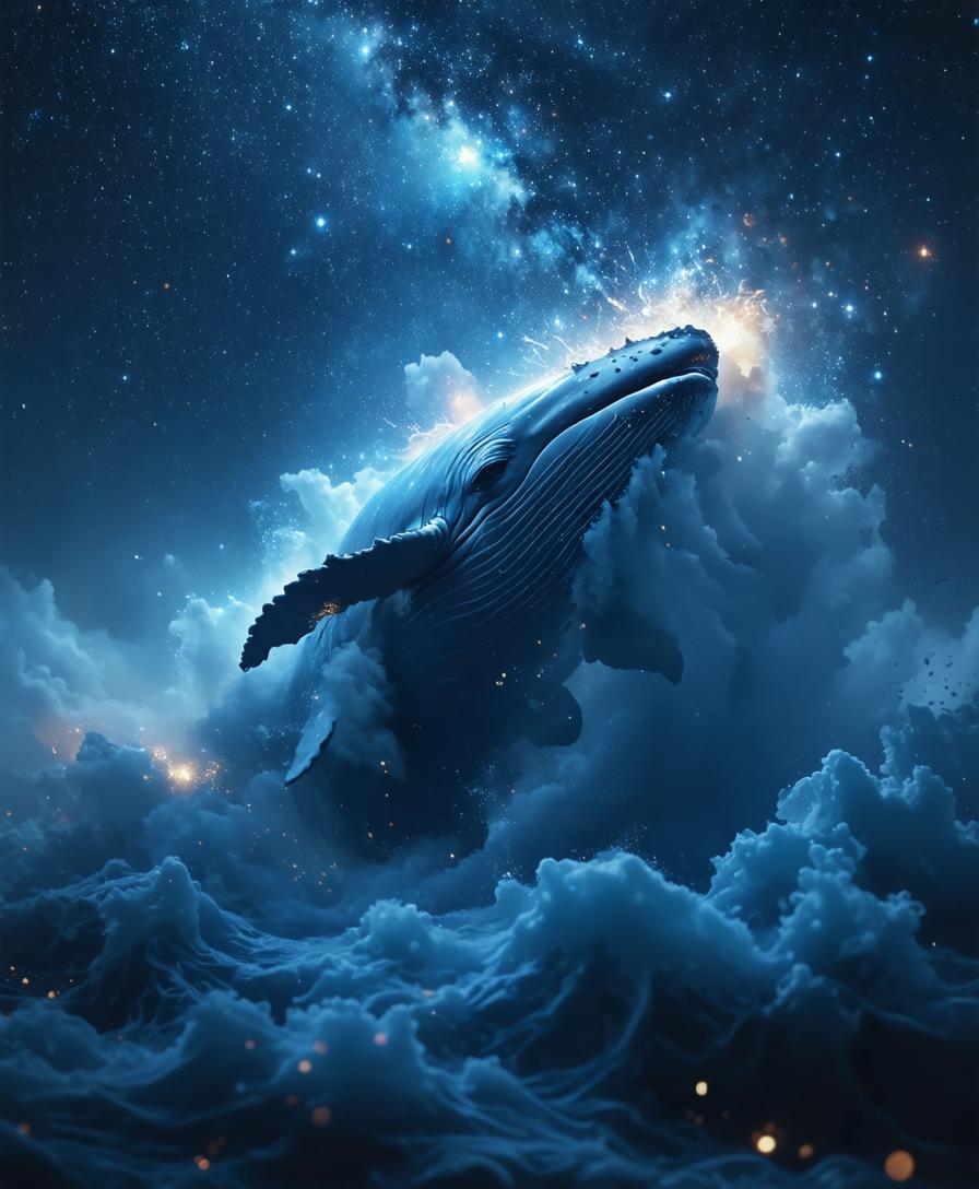 Experience the enchanting depths of the ocean as a majestic whale soars through the cosmic abyss, surrounded by shimmering stars and nebulous clouds, in this captivating image generated by Stable Diffusion Ultra. Discover the boundless creativity of this AI-powered image generator, perfect for exploring the realms of imagination and bringing your visions to life.