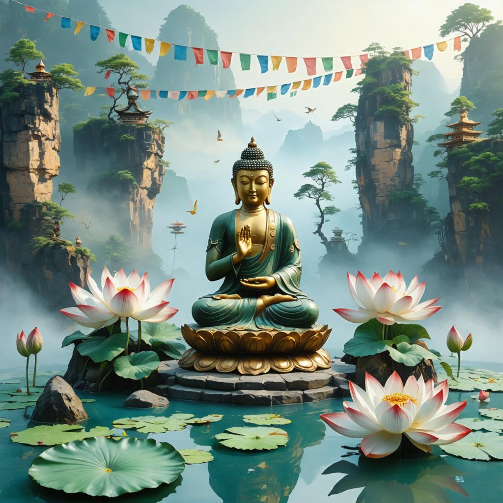 Discover the serene beauty of a tranquil Buddhist scene, featuring a golden Buddha statue meditating amidst blooming lotus flowers in a misty, mountainous landscape. Crafted with the advanced capabilities of Stable Diffusion Ultra image generator, this image showcases the tool's ability to create stunning, detailed, and harmonious visuals, perfect for evoking peace and inspiration.