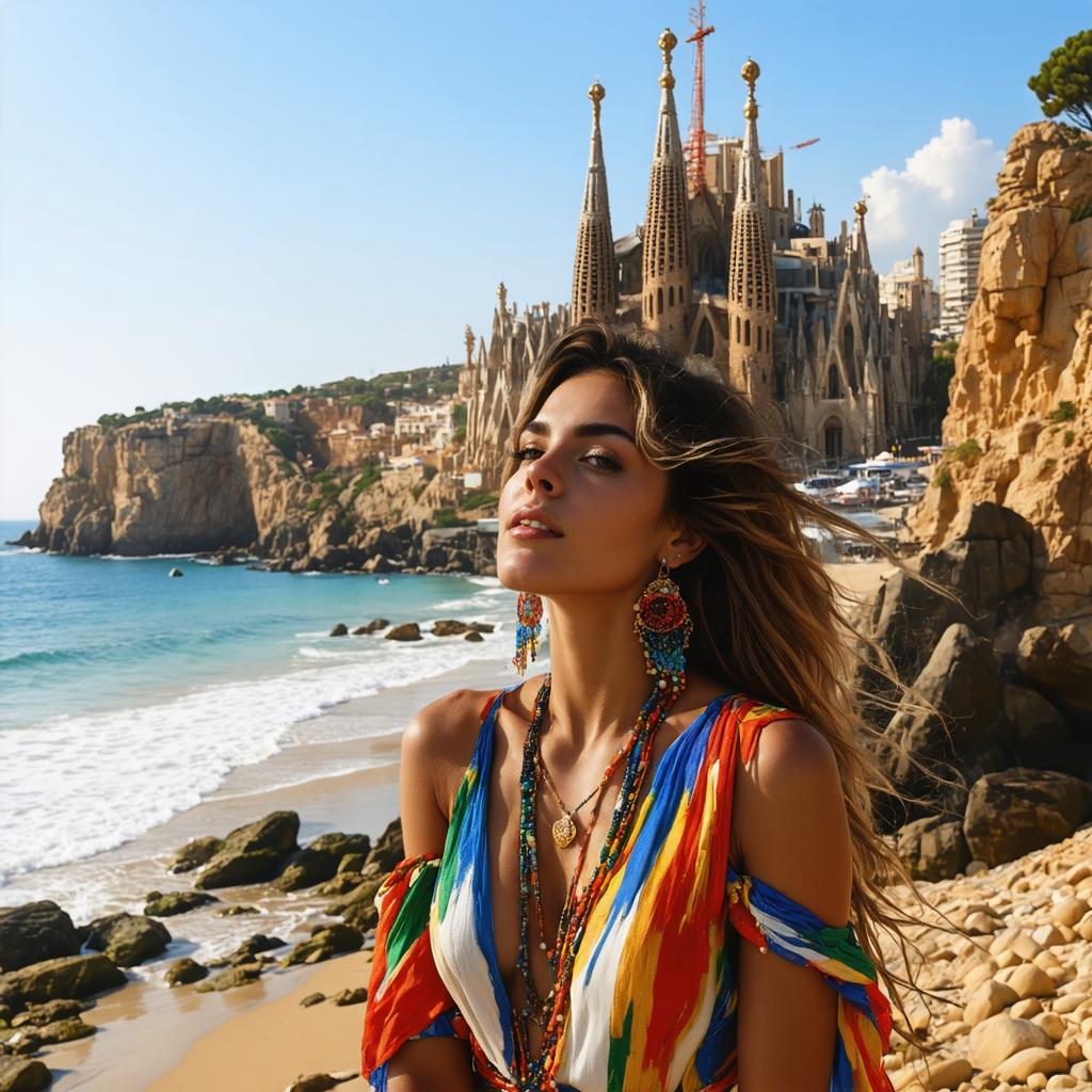 Dans l'image, une femme se tient sur une plage de galets, son regard levé vers le ciel, tandis que la majestueuse cathédrale de la Sagrada Familia se dresse à l'arrière-plan, ses flèches détaillées s'élevant dans le ciel bleu clair. Le 'générateur d'images Stable Diffusion Ultra' a été utilisé pour créer cette scène apaisante, mêlant les couleurs vives de la tenue de la femme aux teintes naturelles du paysage, mettant en évidence la capacité de l'outil à générer des images de haute qualité et réalistes à partir de prompts utilisateur.
