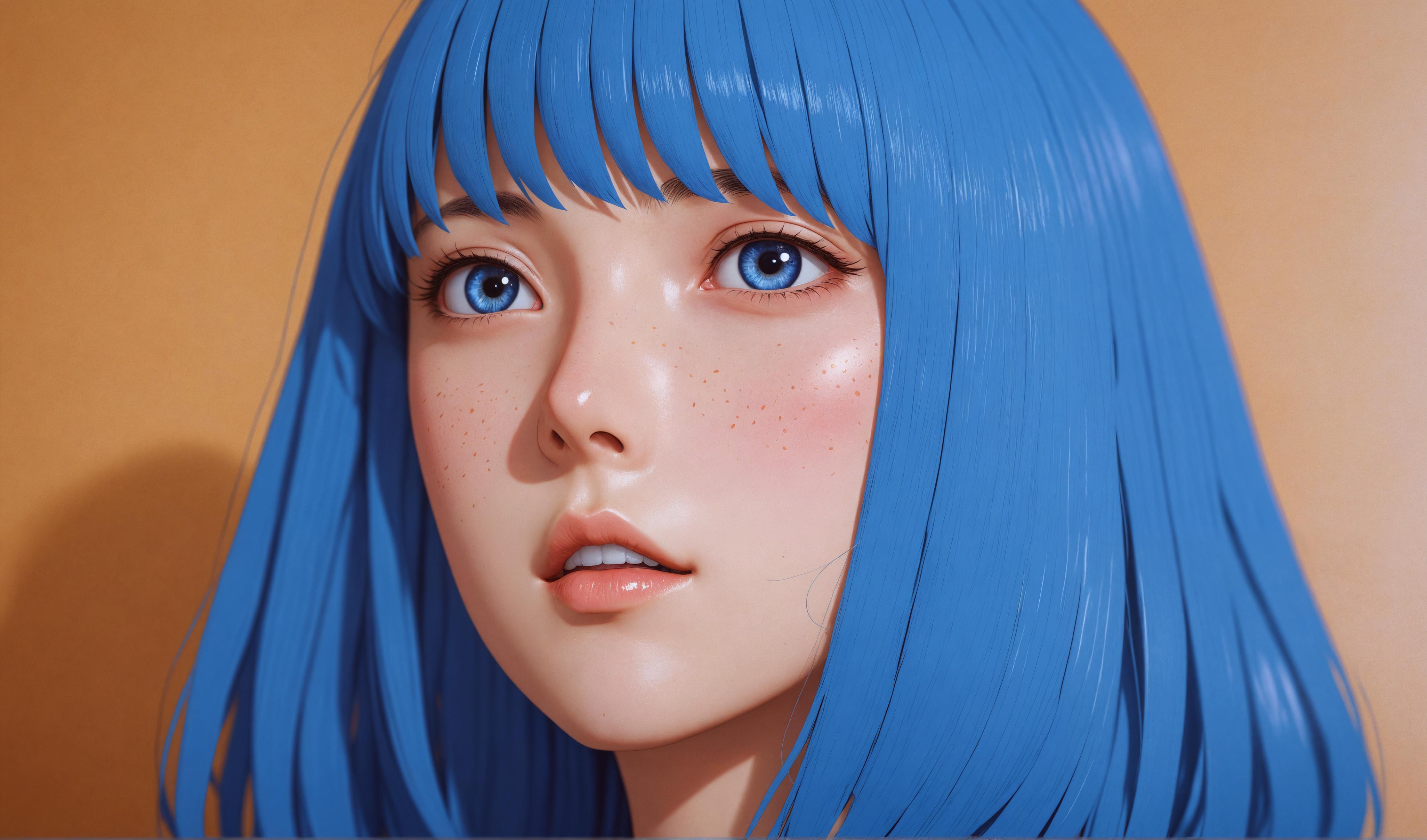 Experience the power of 'Enhance' with this captivating close-up of a digital avatar, featuring striking blue hair and piercing blue eyes. The AI-generated image showcases the tool's ability to upscale visuals with a creative twist, enhancing details and textures to deliver a lifelike representation.