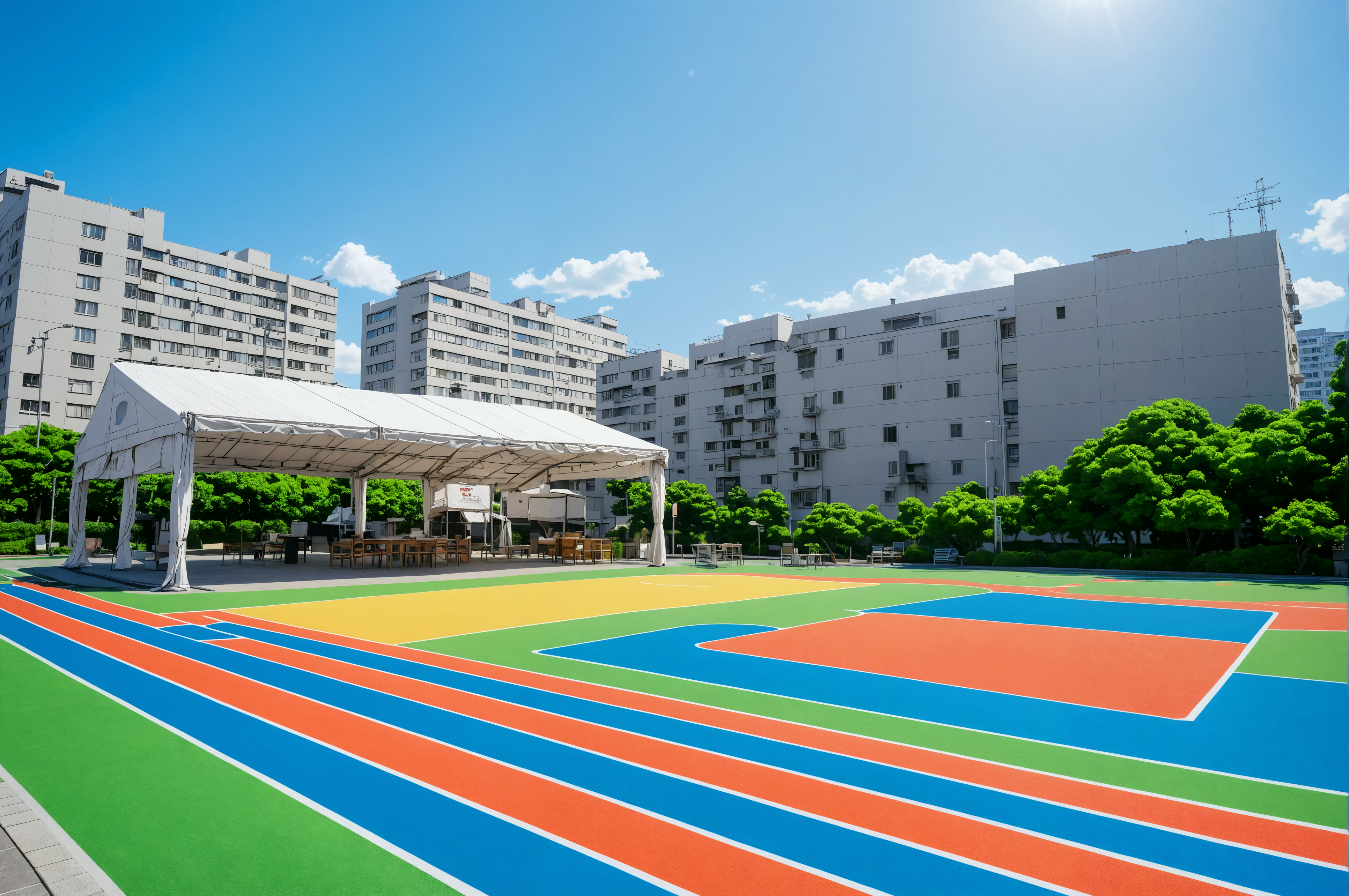 In the image, a vibrant, multi-colored sports court takes center stage, its bold stripes and bright hues creating a lively atmosphere. Adjacent to the court, a spacious tent stands, its white fabric contrasting with the colorful surroundings. This scene, captured with the 'Enhance' tool, showcases the ability to bring out the vividness and details of the environment, enhancing the visual appeal and making it stand out. The image is a testament to the tool's capacity to 'Upscale with a creative twist,' ideal for those seeking to elevate their media to the next level.