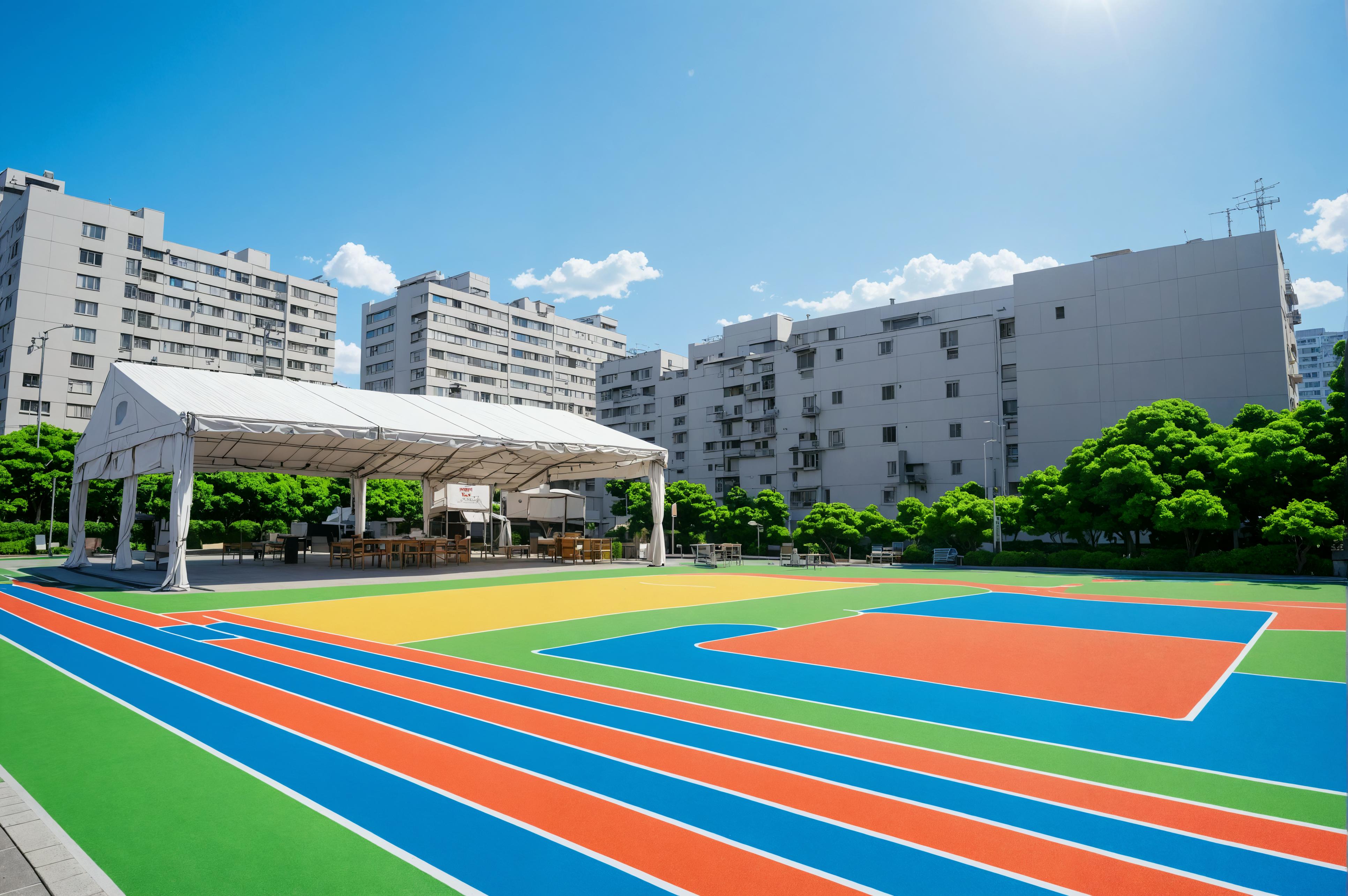 In the image, a vibrant, multi-colored sports court takes center stage, its bold stripes and bright hues creating a lively atmosphere. Adjacent to the court, a spacious tent stands, its white fabric contrasting with the colorful surroundings. This scene, captured with the 'Enhance' tool, showcases the ability to bring out the vividness and details of the environment, enhancing the visual appeal and making it stand out. The image is a testament to the tool's capacity to 'Upscale with a creative twist,' ideal for those seeking to elevate their media to the next level.