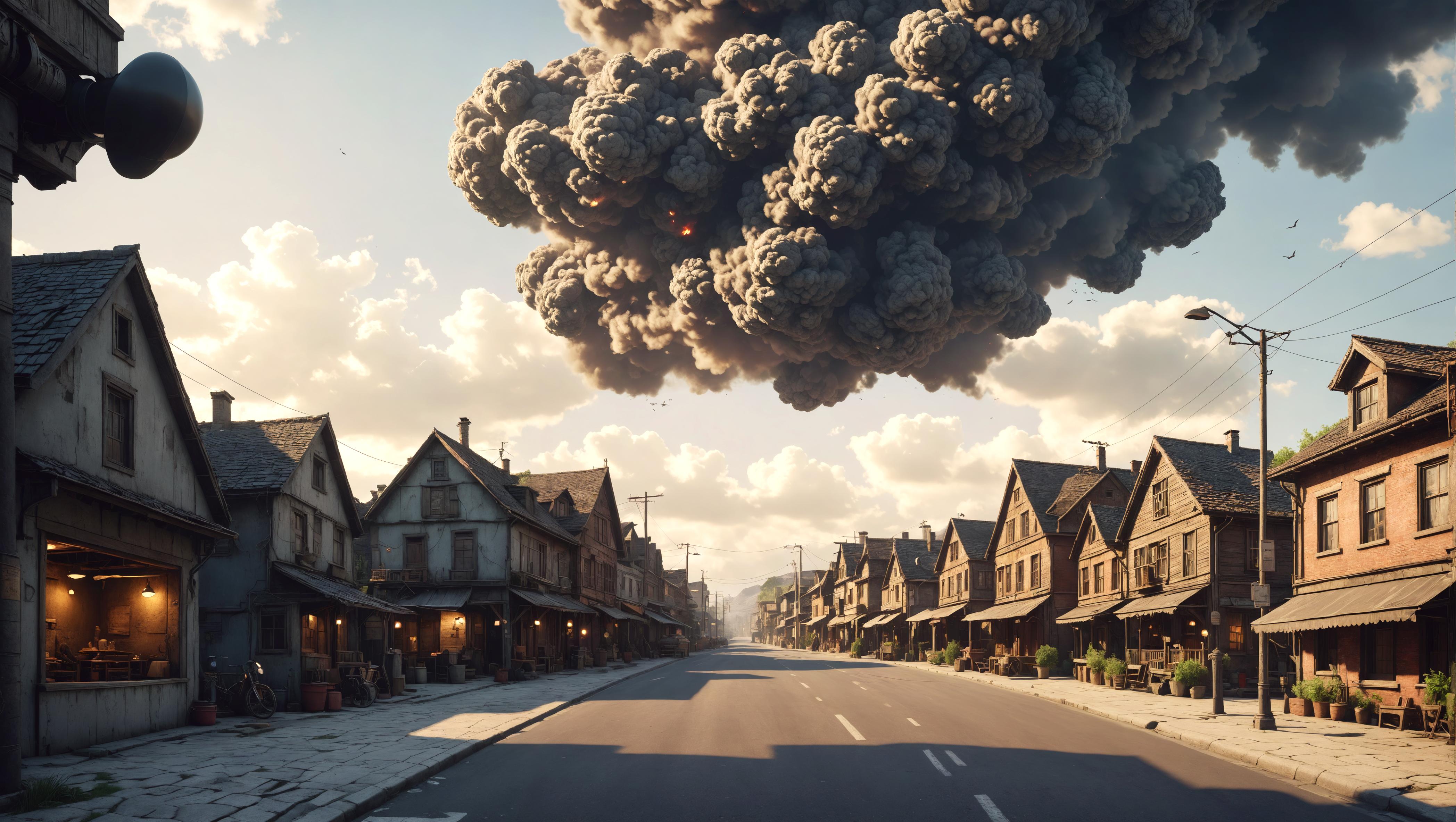 This image showcases a picturesque street scene with a touch of surrealism, as a massive, billowing cloud of smoke looms ominously over the quaint, old-fashioned buildings. The sky is a canvas of warm, golden light, hinting at either a sunrise or sunset. The 'Enhance' tool has infused this serene setting with an unexpected element, creating a striking visual that invites viewers to ponder the intersection of reality and the whims of creative digital manipulation.