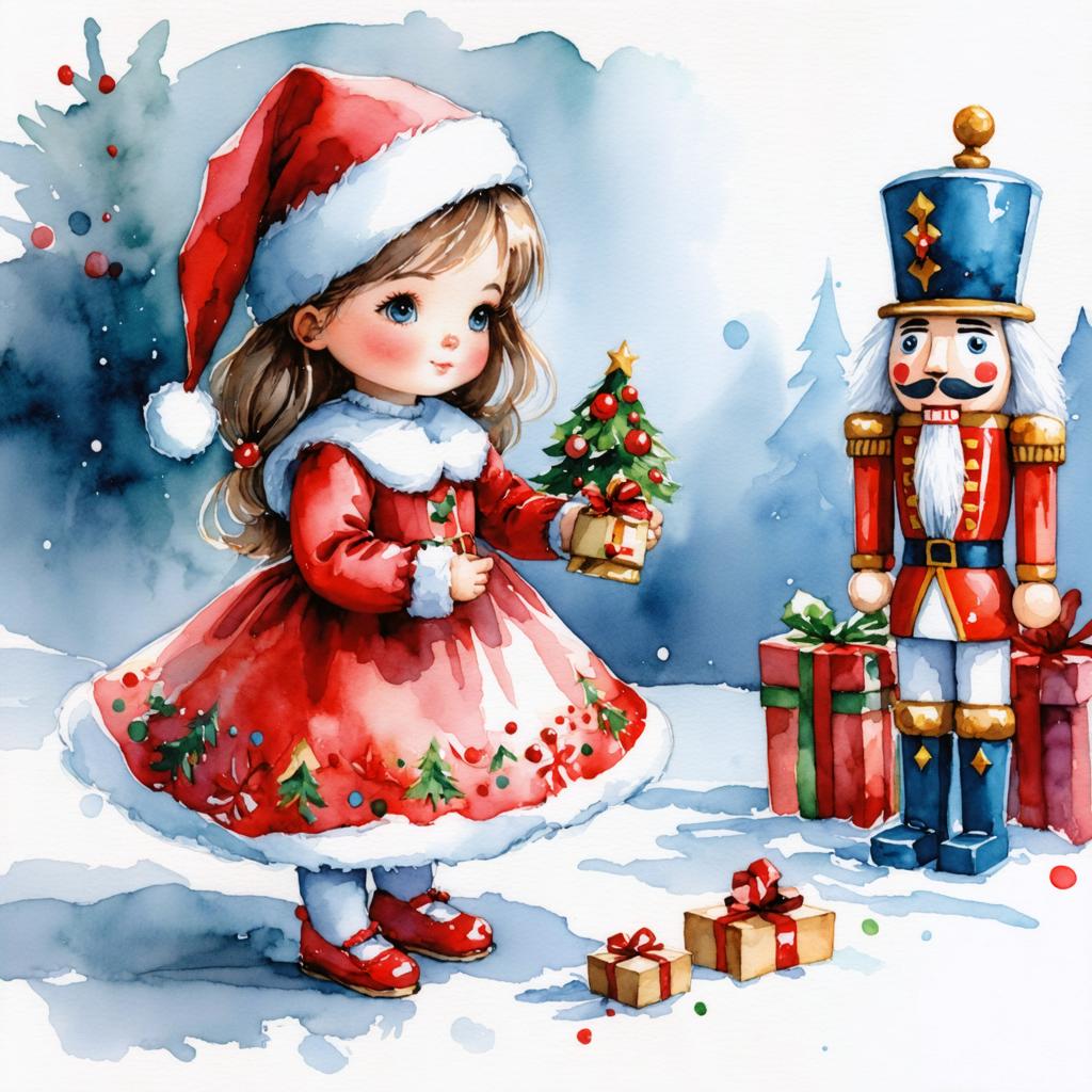 In this festive scene, a young girl in a red Santa hat and dress holds a small Christmas tree, standing next to a traditional nutcracker figure, surrounded by wrapped gifts on a snowy landscape. The image showcases the vivid colors and whimsical charm that the 'Stable Diffusion Ultra image generator' can create, capturing the essence of holiday cheer with its dynamic and expressive artwork.