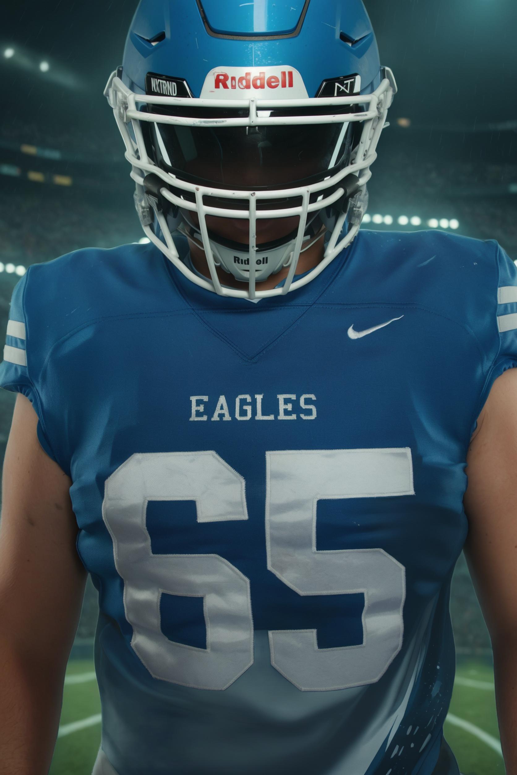 In the image, a football player donned in a vibrant blue jersey with the number 65 and the word "EAGLES" emblazoned across the chest stands poised, ready for action. The player is wearing a white helmet with a clear visor, and the background has been artfully altered to give the impression of a dynamic stadium setting, showcasing the 'Replace Background' tool's ability to seamlessly integrate the subject into a new environment.