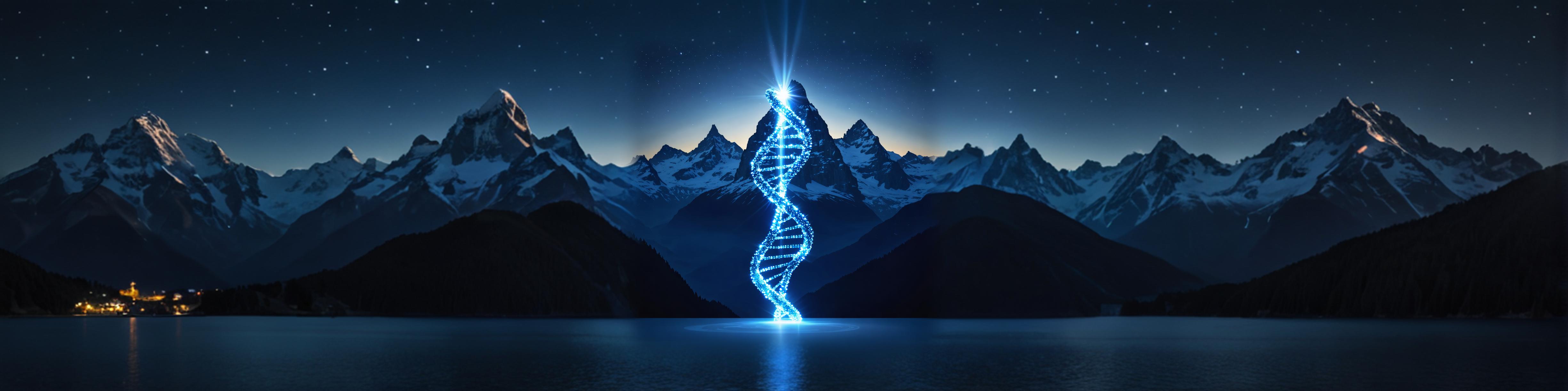 This image showcases a digital rendering of a luminous DNA double helix, set against a backdrop of a serene mountain range at night. The DNA structure is brightly illuminated and appears to be superimposed on the landscape, with the mountains and sky surrounding it. The 'Zoom out' tool from Stable Assistant has been used to seamlessly integrate the DNA structure into the natural scene, demonstrating the tool's ability to generate and incorporate digital elements into real-world settings.