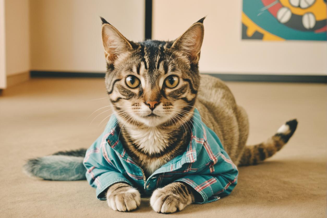 C'est une image charmante d'un chat tigré portant une chemise à carreaux bleue, assis sur un tapis beige. Les yeux verts saisissants du chat sont le point focal, et sa posture détendue suggère un sentiment de bien-être. Le fond présente une peinture abstraite colorée, ajoutant une touche vibrante à la scène. L'image est un exemple parfait de « Nouvelle Image avec le Même Style », un outil qui permet aux utilisateurs de créer de nouvelles images dans un style similaire à l'original, ce qui en fait un excellent choix pour ceux qui souhaitent reproduire cette ambiance chaleureuse et artistique.