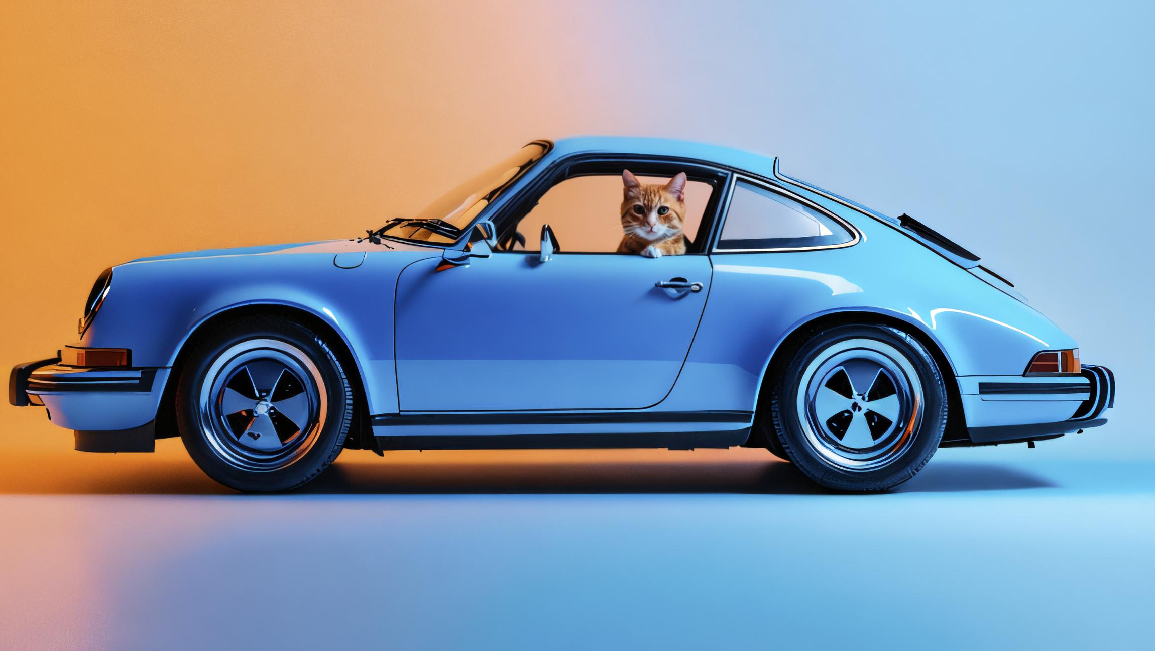 A striking blue vintage Porsche sports car, with a sleek design and polished finish, is the centerpiece of this image. The car's interior features a feline passenger, an orange tabby cat, adding a whimsical touch to the scene. The background is a gradient of warm orange to cool blue, enhancing the car's vibrant hue. This image showcases the capabilities of 'Inpaint', a tool that allows for the seamless replacement of selected objects with others, as demonstrated by the inclusion of the cat in the car.