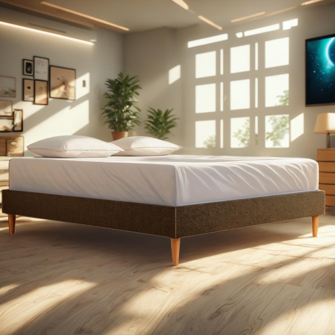 Questa immagine presenta una camera da letto moderna con un grande letto al centro, caratterizzata da un cambio di sfondo fluido. Lo strumento 'Sostituisci Sfondo' è stato utilizzato per modificare il contesto, evidenziando la versatilità di questa funzione di editing multimediale che consente agli utenti di cambiare l'ambiente di qualsiasi immagine con facilità.
