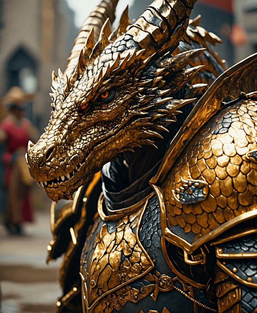 Cette image met en scène une tête de dragon et une armure soigneusement conçues, rendues avec un haut niveau de détail et de texture, mettant en évidence les capacités du générateur d'images 'Stable Diffusion Ultra' à créer des créatures fantastiques réalistes et complexes. Les écailles dorées et l'armure, avec leur ombrage réaliste et leurs motifs détaillés, témoignent de la capacité du logiciel à générer des images à la fois visuellement saisissantes et riches en détails, en faisant un outil idéal pour les artistes et les passionnés souhaitant donner vie à leurs visions imaginatives.