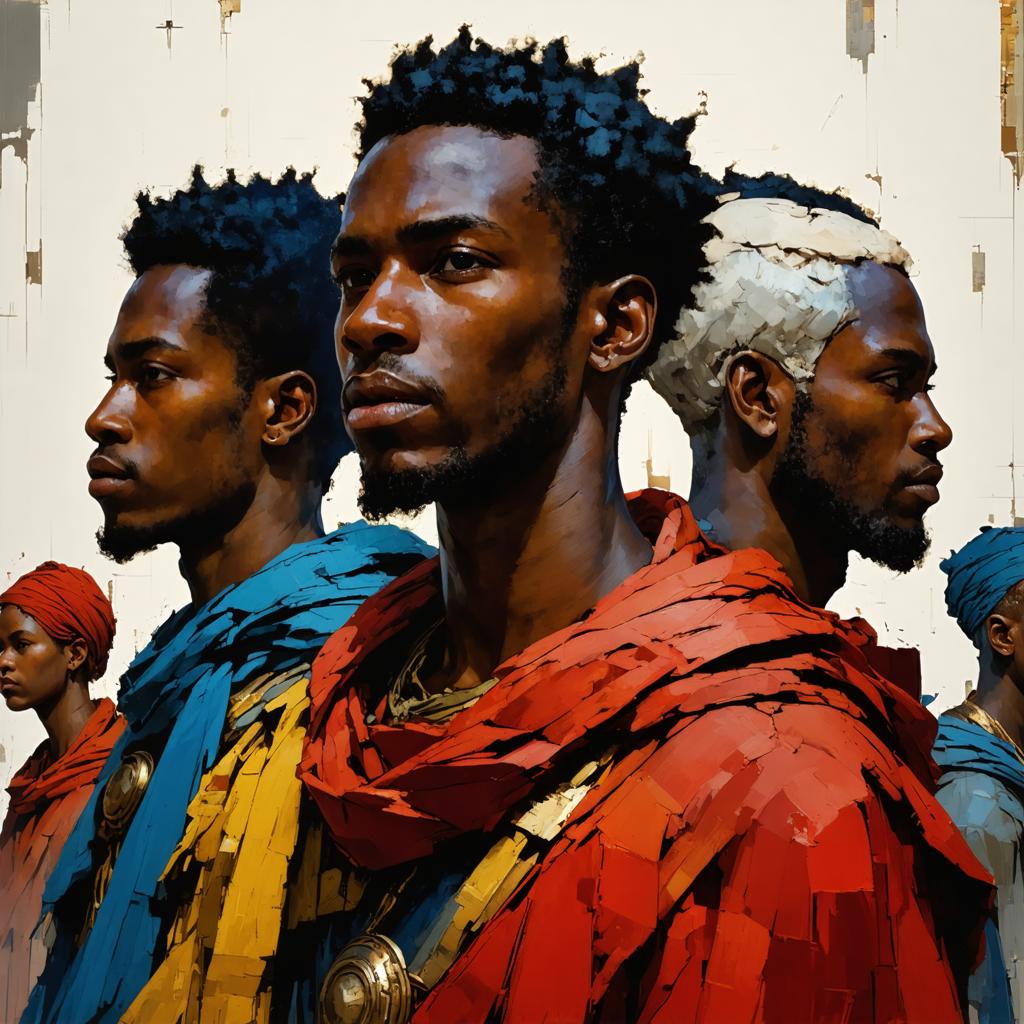 Discover the power of Stable Diffusion Ultra image generator with this stunning artwork! This AI tool masterfully creates vibrant, detailed portraits, as seen in this dynamic and colorful depiction of warriors. Perfect for showcasing the tool's ability to generate high-quality, visually striking images, this example highlights the precision and creativity achievable with Stable Diffusion Ultra.