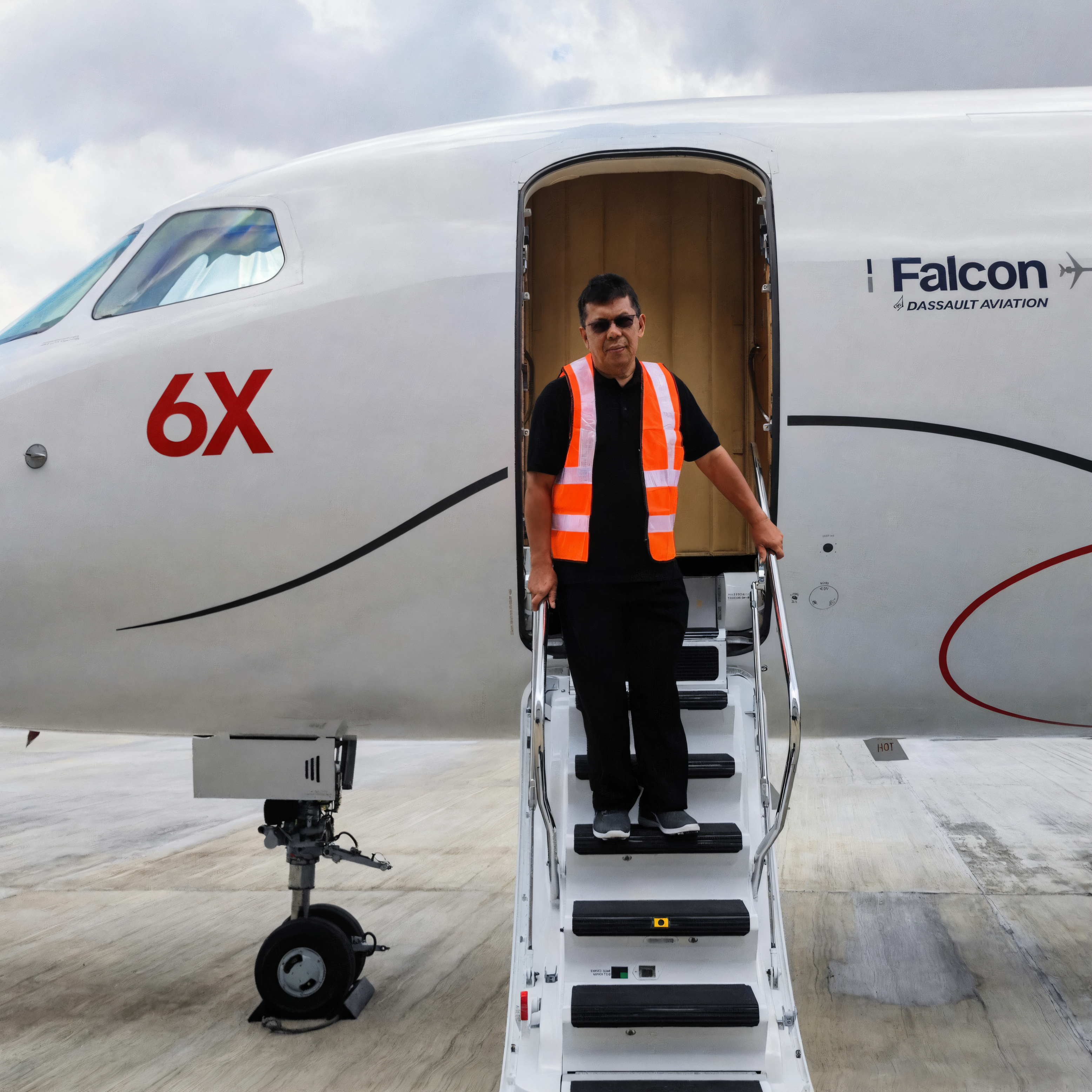 A man in a high-visibility vest confidently descends the stairs of a sleek Falcon 6X aircraft, showcasing the precision and detail of the Upscale tool in enhancing the image's clarity and realism. The tool's ability to maintain the original image's essence while amplifying visual quality is evident in this striking, professional photograph.