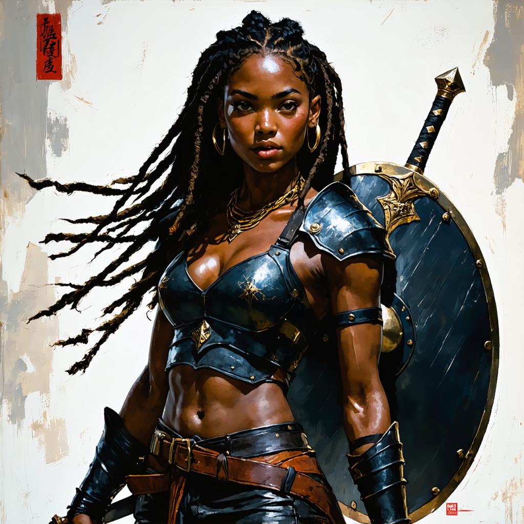 Découvrez la puissance du générateur d'images Stable Diffusion Ultra avec cette œuvre d'art saisissante générée par IA. Cette image met en scène une guerrière féroce avec une armure détaillée et un bouclier, démontrant la capacité de l'outil à créer des personnages détaillés et dynamiques. Parfait pour les artistes et les designers, cet outil donne vie à des visuels vifs et de haute qualité en quelques clics.