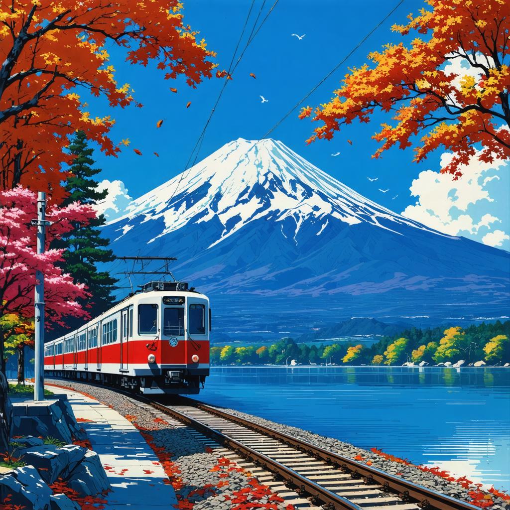 Découvrez la beauté pittoresque d'un paysage automnal serein, mettant en scène un train rouge et blanc vibrant voyageant le long d'un lac tranquille, avec le majestueux Mont Fuji en arrière-plan. Cette scène captivante est rendue vivante par le 'générateur d'images Stable Diffusion Ultra', qui met en évidence sa capacité à créer des visuels époustouflants qui fusionnent la nature et la technologie de manière harmonieuse.