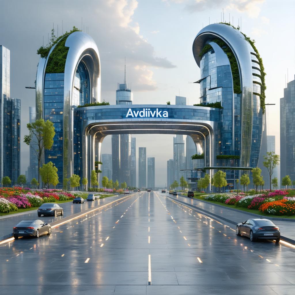 This image showcases a futuristic cityscape with a focus on the 'Avdiivka' archway, which connects two sleek, curved buildings adorned with lush greenery. The archway is a symbol of innovation and sustainability, reflecting the cutting-edge capabilities of the 'Stable Diffusion Ultra image generator' that can create such visually striking and conceptually advanced scenes.