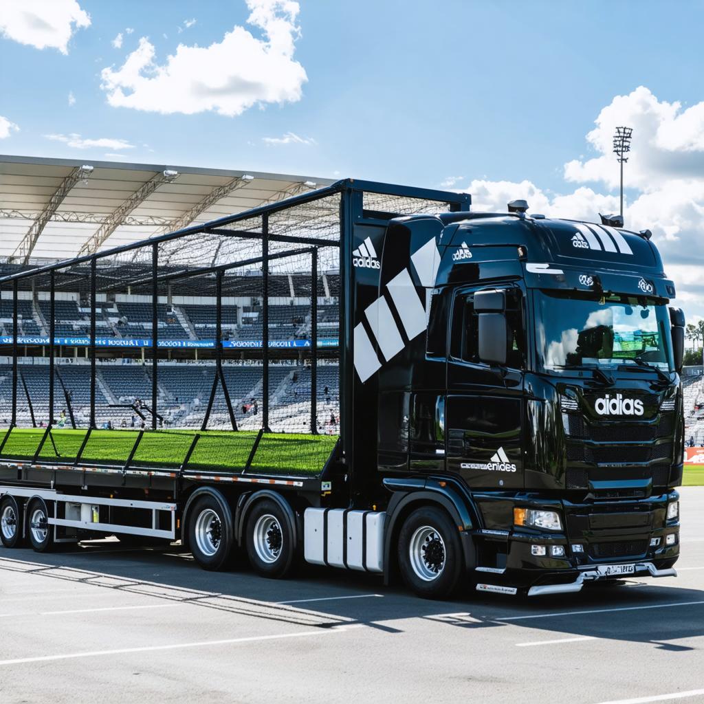Sperimenta il potere di Stable Diffusion Ultra, il generatore di immagini AI, con questa impressionante immagine di un elegante camion nero con il marchio Adidas parcheggiato in uno stadio. I dettagli vividi e le texture realistiche evidenziano la capacità dello strumento di creare immagini di alta qualità e visualmente accattivanti, ideali per applicazioni di marketing e design.