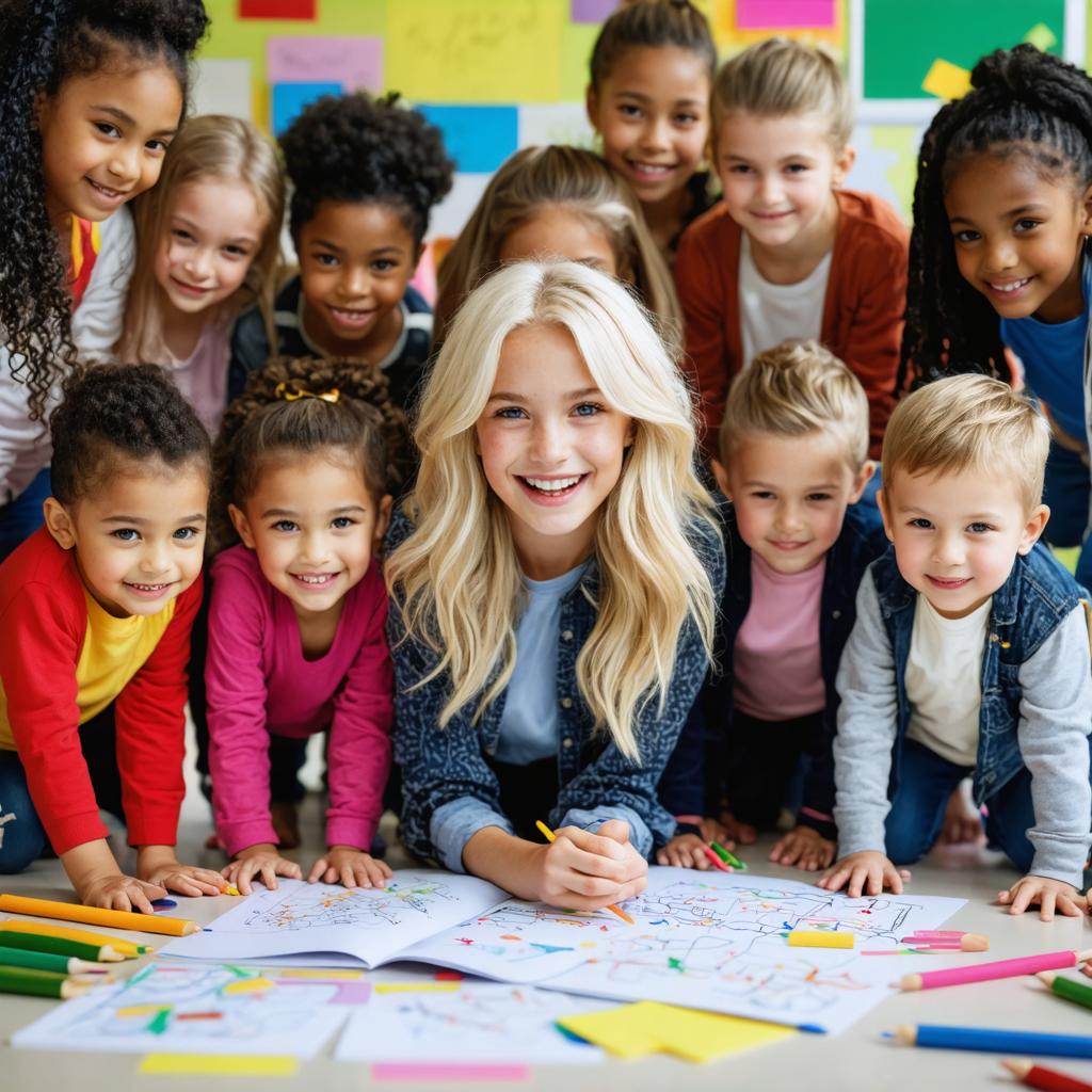 Dans l'image, un groupe diversifié d'enfants est joyeusement impliqué dans une activité de coloriage, rassemblés autour d'une fillette blonde qui sourit en tenant un crayon. Les enfants sont penchés sur une grande feuille de papier, créant une atmosphère vibrante et inclusive. Cette scène capture l'essence de la créativité et de la solidarité, illustrant les capacités du générateur d'images 'Stable Diffusion Ultra' à produire des visuels réalistes et engageants qui évoquent des émotions et promeuvent l'inclusivité.
