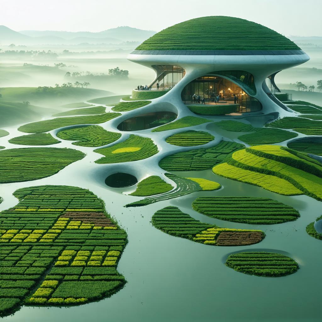Discover the mesmerizing capabilities of Stable Diffusion Ultra image generator with this stunning AI-generated image! This tool masterfully crafts surreal, futuristic landscapes, like the ethereal scene featuring a sleek, organic structure nestled amidst lush, green terraces. Perfect for showcasing the tool's ability to create visually captivating and imaginative designs, this image effortlessly highlights the seamless blend of technology and creativity.
