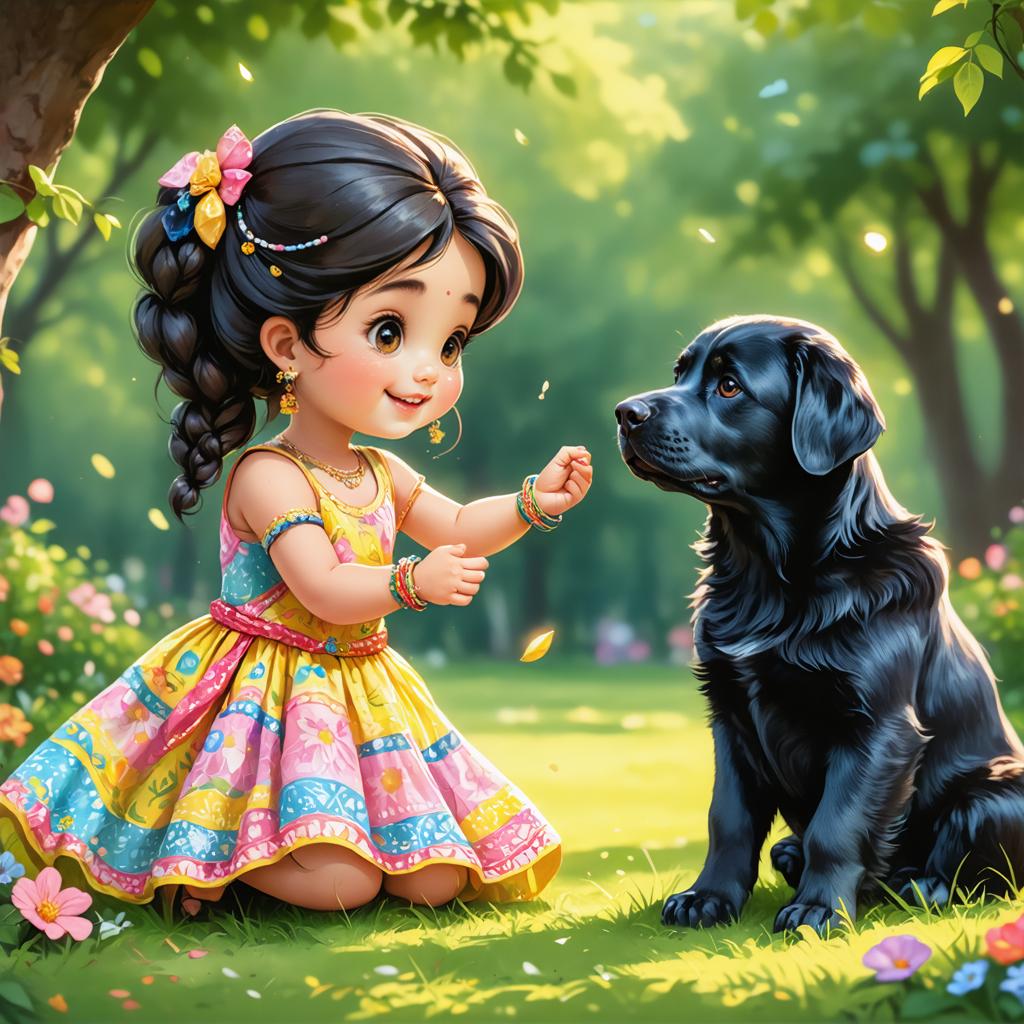 Questa immagine deliziosa, realizzata con la precisione di 'Stable Diffusion Ultra image generator', ritrae una giovane ragazza in un vivace abito floreale che interagisce con un Labrador Retriever nero in un rigoglioso giardino inonizzato dal sole. Il gesto giocoso della ragazza e lo sguardo attento del cane creano una scena commovente che mette in evidenza la capacità dello strumento di generare visivi realistici e coinvolgenti.