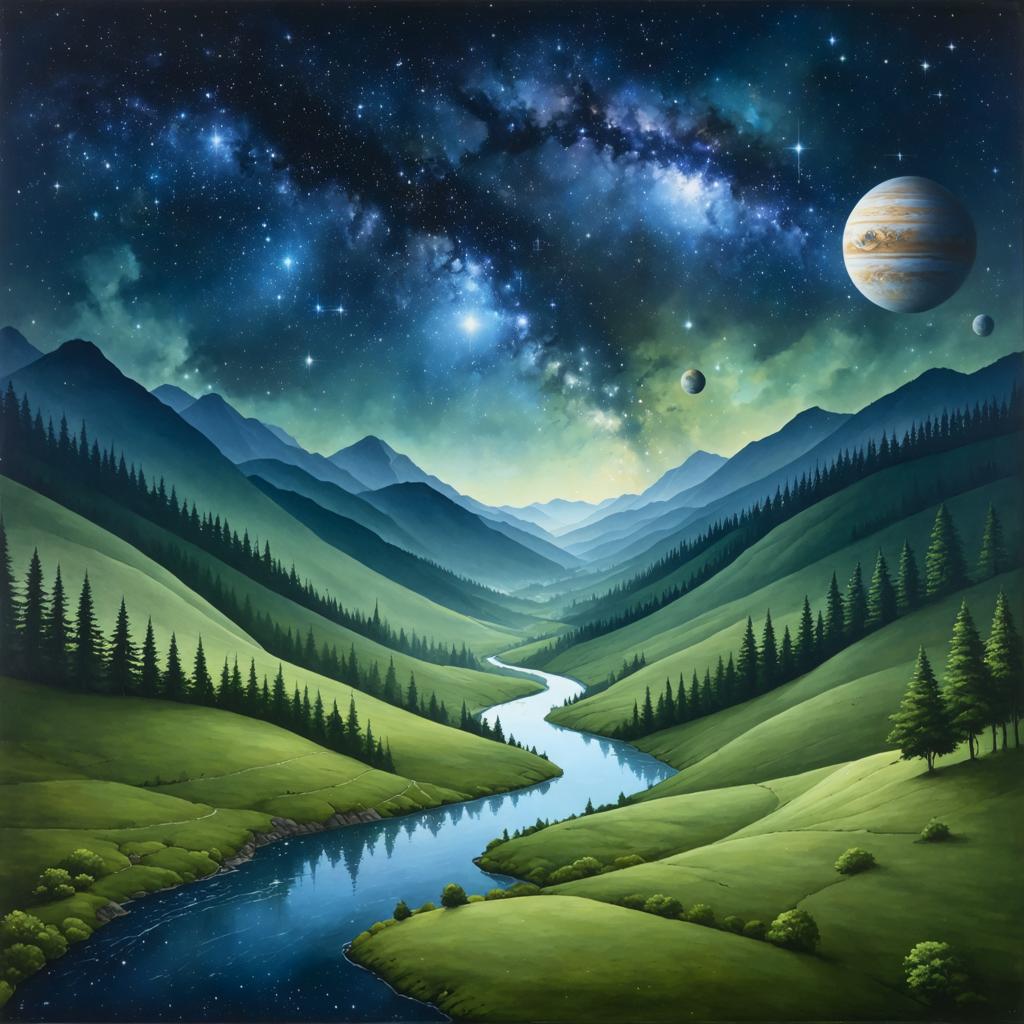 Discover the mesmerizing capabilities of Stable Diffusion Ultra image generator with this stunning landscape featuring a serene river winding through lush green hills under a starry night sky. The vivid, dreamlike scene showcases the tool's ability to create surreal and captivating visuals, perfect for artists and enthusiasts alike. Experience the magic of AI-generated art with Stable Diffusion Ultra.