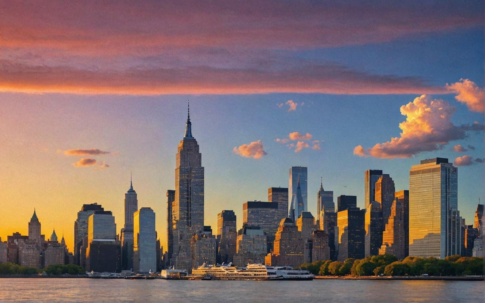 L'immagine presenta una mozzafiato panoramica della skyline di una città al tramonto, con l'iconico Empire State Building che spicca in mezzo a una foresta di grattacieli. I toni caldi del cielo e l'acqua riflettente sotto creano una scena serena e pittoresca, evidenziando le capacità di 'New Image with Same Structure' di replicare e migliorare la bellezza delle paesaggi del mondo reale.