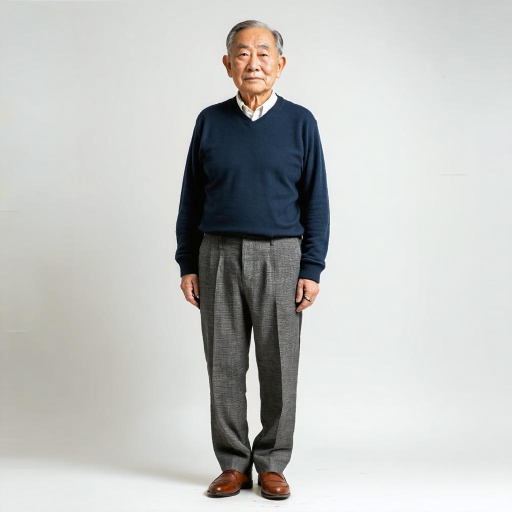 L'image met en scène un gentleman âgé dégageant une élégance intemporelle. Il se tient devant un fond neutre, vêtu d'un pull en laine bleu marine et de pantalons en herringbone gris, complétés par des chaussures en cuir brun classiques. Son habillement est soigné et bien coordonné, reflétant la sophistication et la finesse de la génération d'images 'Stable Diffusion Ultra', connue pour sa capacité à créer des images de haute qualité et détaillées à partir de prompts utilisateur.