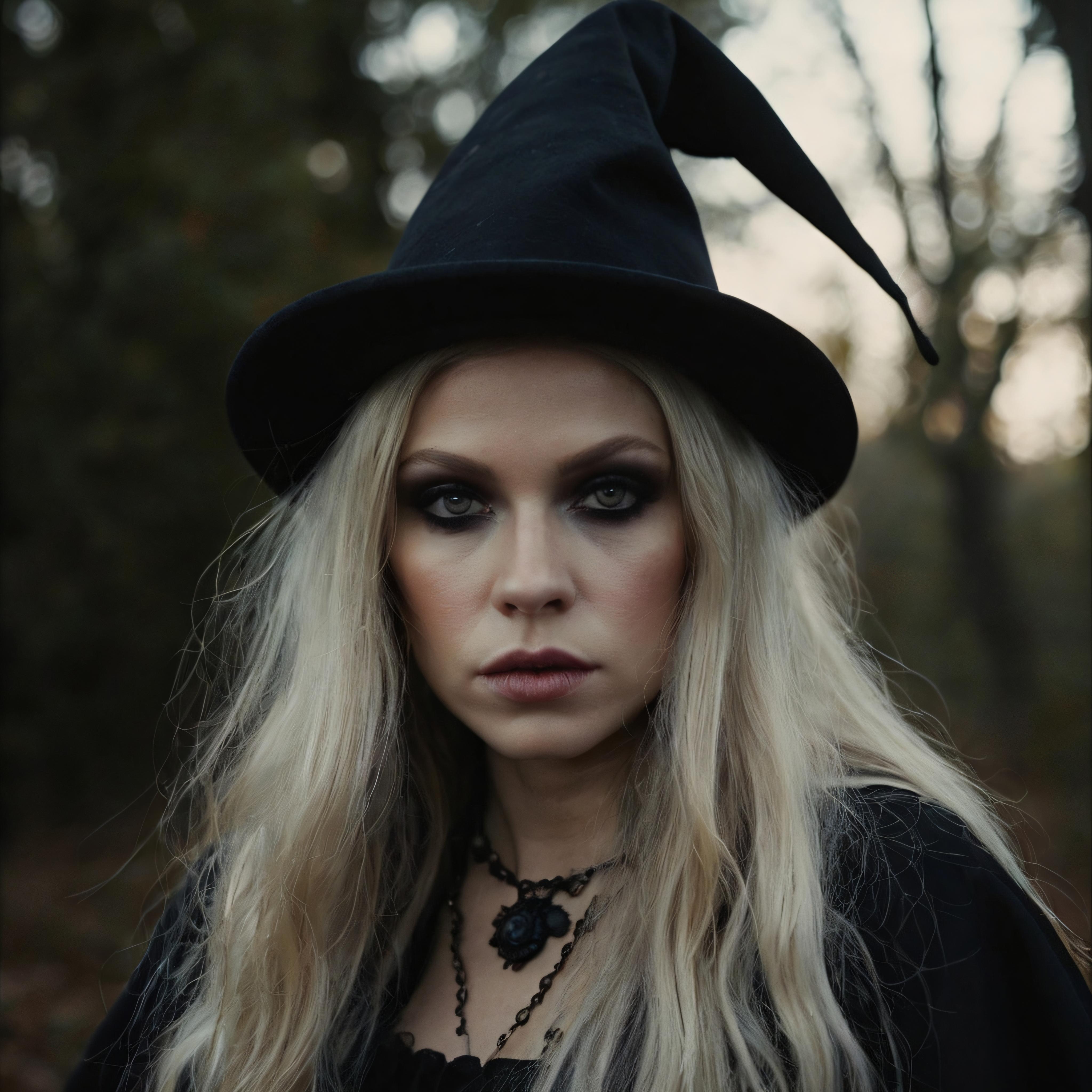 This is a striking image of a woman donning a witch's hat, exuding an air of mystique. Her blonde hair cascades down, complementing the dramatic makeup and the gothic charm of her black outfit. The photo is enhanced by the 'Upscale' tool, which elevates the image's clarity and detail, making it an ideal example of how the application can improve visual content while maintaining the original essence.