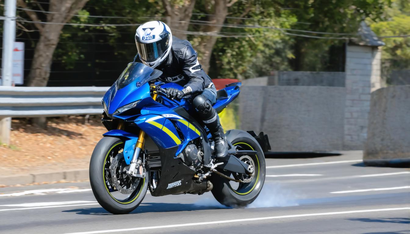 Une image dynamique d'un pilote en équipement complet sur une moto bleu éclatante, capturée en pleine action sur une route. L'outil 'Effacer' a été utilisé pour supprimer tous les éléments distrayants, mettant en valeur la conception élégante de la moto et l'attitude concentrée du pilote. Le focus clair et net sur le pilote et la moto suggère la précision et le détail que 'Effacer' peut apporter pour améliorer les images.
