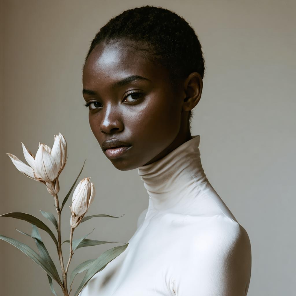 This image features a striking portrait of a young woman with a poised expression, wearing a sleek white turtleneck. She is holding a delicate branch of white flowers, adding a touch of elegance to the composition. The soft lighting and muted background enhance the subject's features and the image's overall aesthetic. This image showcases the capabilities of the 'Stable Diffusion Ultra image generator', which can create realistic and high-quality portraits with a natural and organic feel.