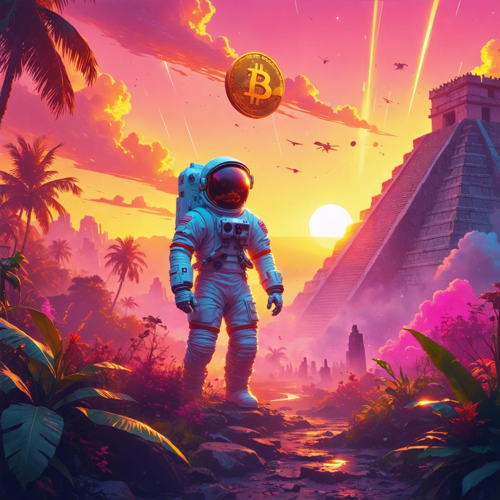 In this vibrant and surreal image generated by the 'Stable Diffusion Ultra image generator', an astronaut in a white suit stands amidst a tropical jungle at sunset, gazing towards a majestic pyramid in the distance. A Bitcoin coin floats mysteriously in the sky, while palm trees and exotic flora surround the figure, creating a dreamlike fusion of space exploration and ancient civilizations. The image showcases the generator's ability to merge contrasting elements and create immersive, fantastical scenes.