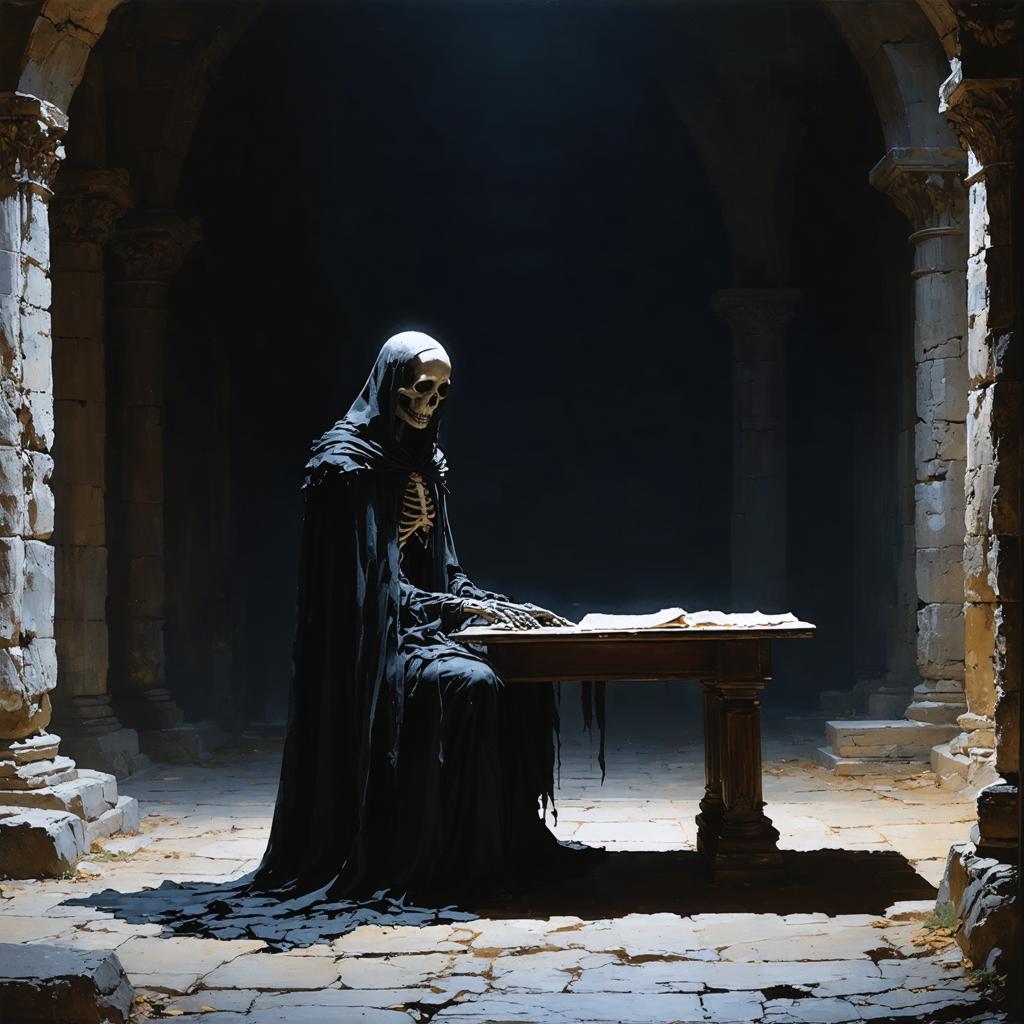 Discover the eerie allure of a spectral scene crafted by Stable Diffusion Ultra image generator, where a skeletal figure draped in a hooded cloak sits pensively at an ancient stone table, enveloped in a hauntingly atmospheric setting. This powerful tool brings vivid, high-quality visuals to life, perfect for creating captivating and otherworldly imagery.